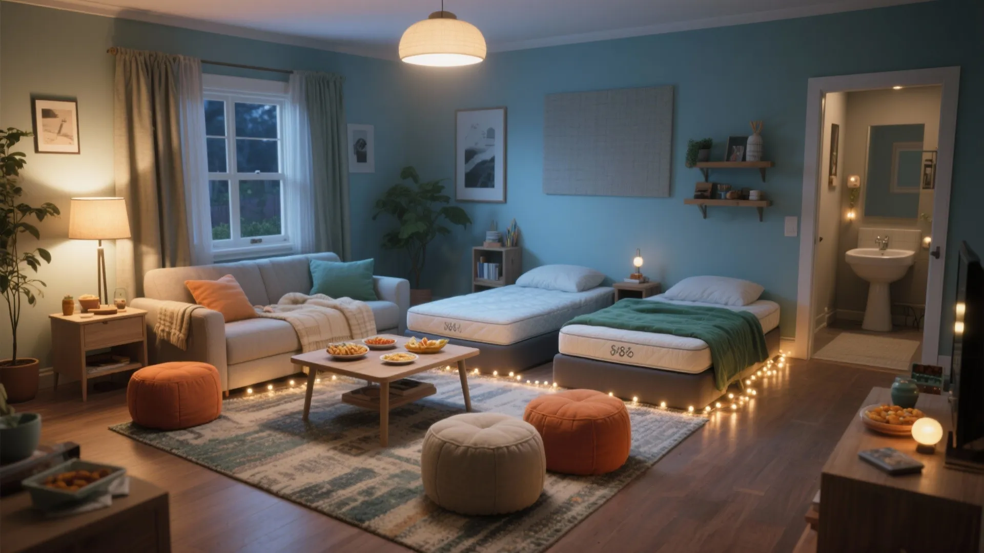 Cozy blue living room with sofa two single beds coffee table floor lights and pillows