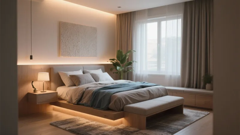 Modern Wooden Platform Bedroom with Warm Lighting