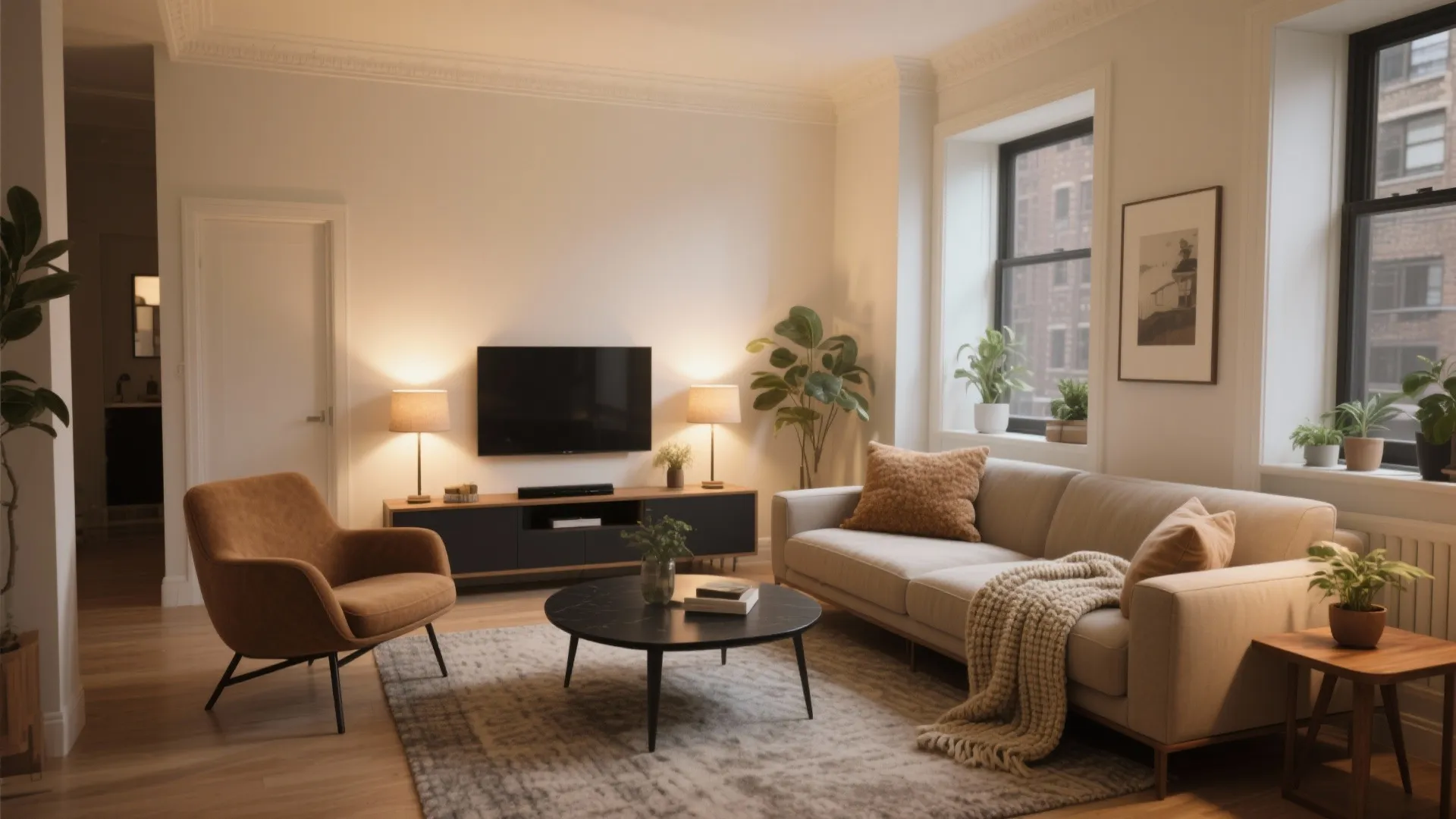 Cozy living room with beige sofa brown chair round coffee table television and green plants
