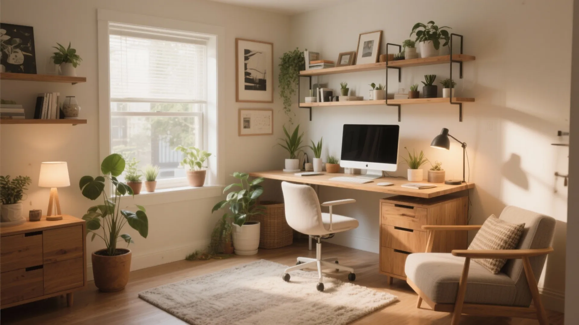 Bright home office featuring wooden desk, white chair, green plants, wall shelves, rug, and armchair