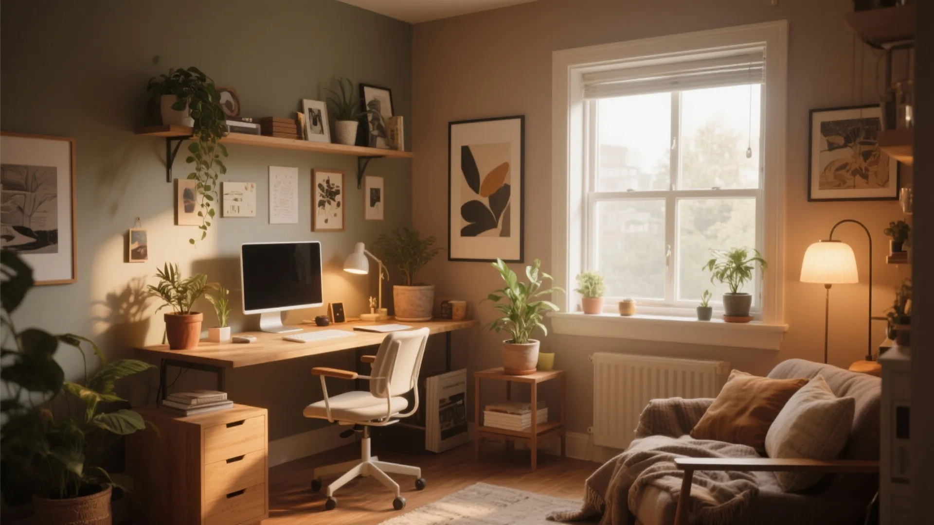 Cozy home office with wooden desk white chair many green plants wall art and natural light