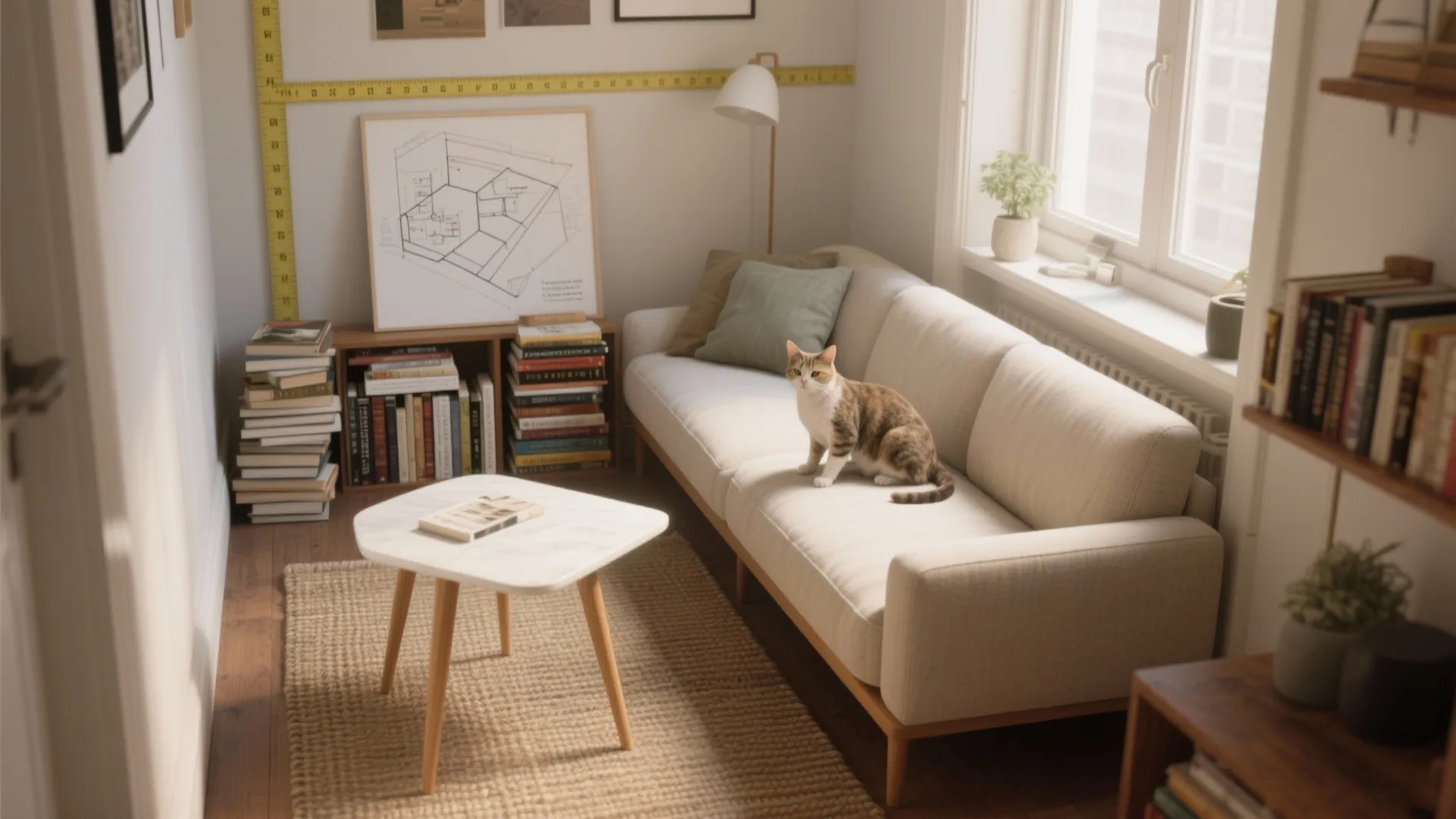 Small living room with cream sofa brown cat white coffee table and wooden bookshelves by window