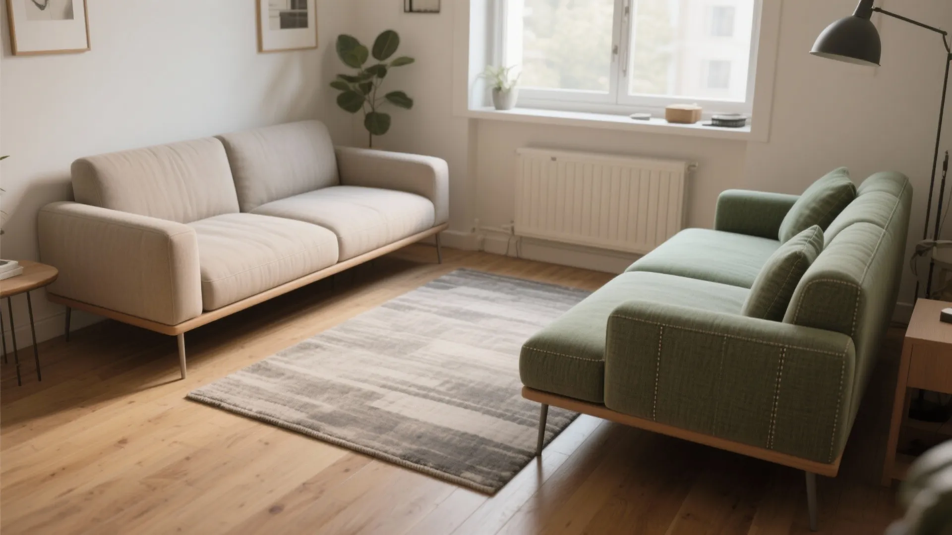 Modern living room with beige sofa green sofa striped rug floor lamp and white window light