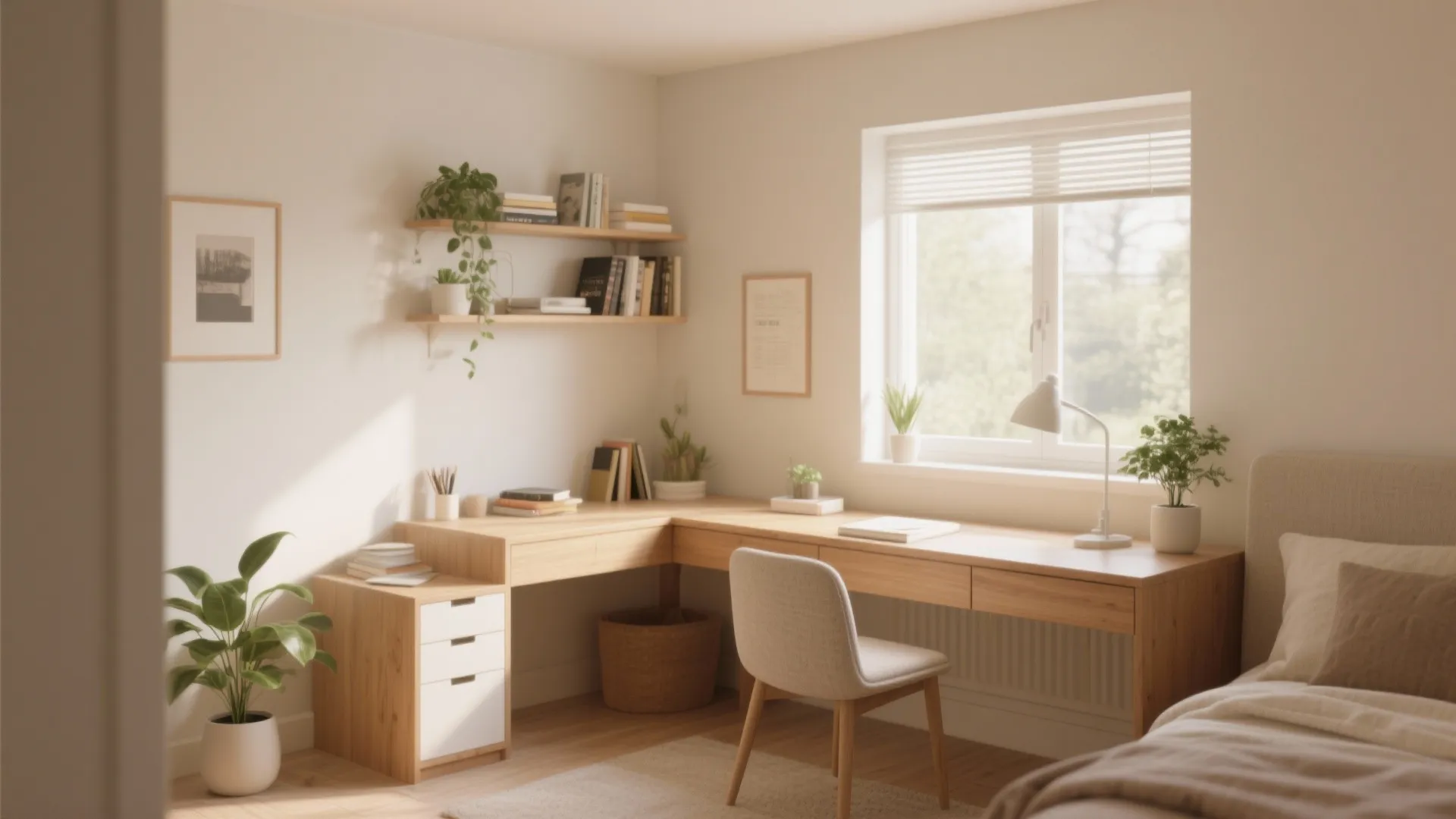 Corner wooden desk with white chair and wall shelves in a bedroom filled with sunlight