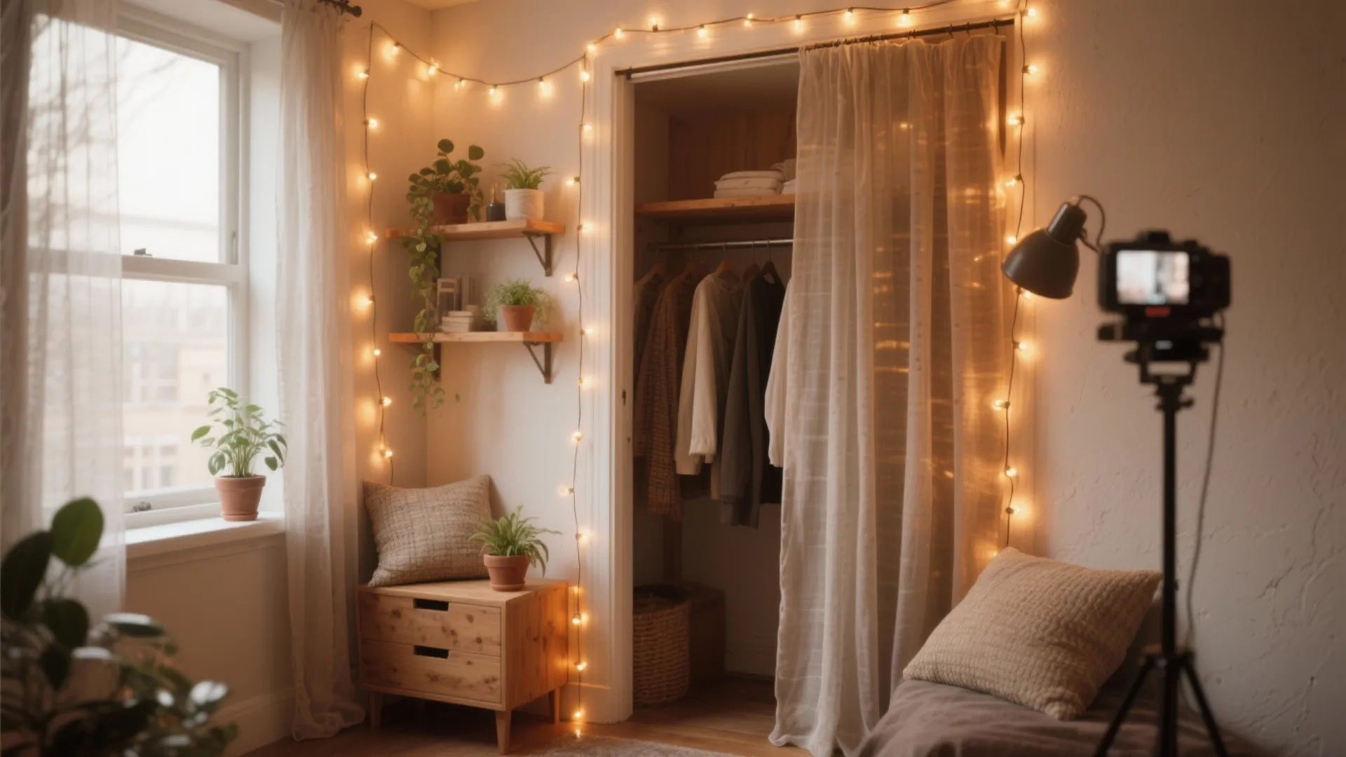 Cozy bedroom interior with string lights hanging around a closet area and small wooden cabinet