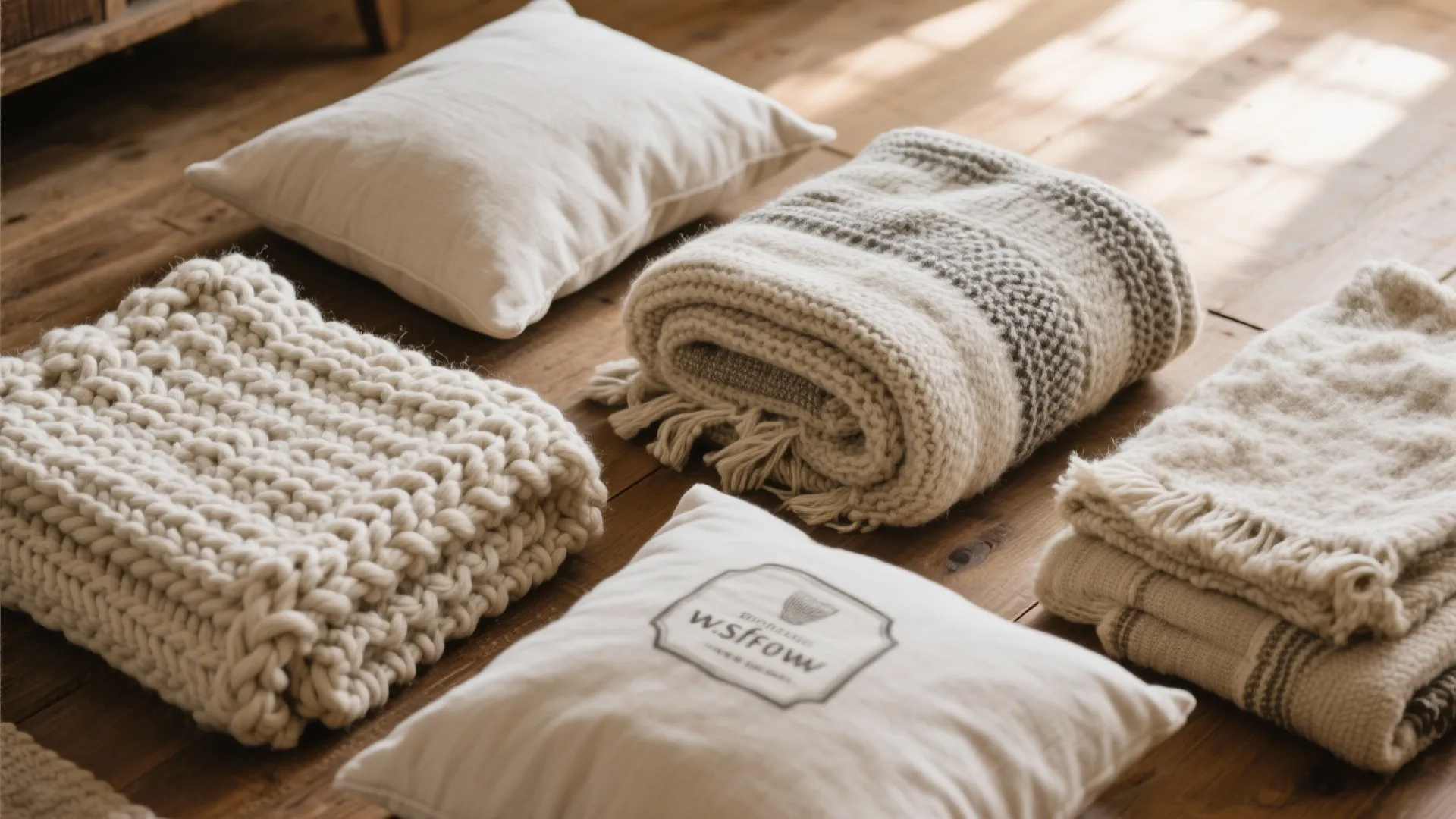 Assorted soft white pillows and folded knitted blankets neatly arranged on a natural wood floor