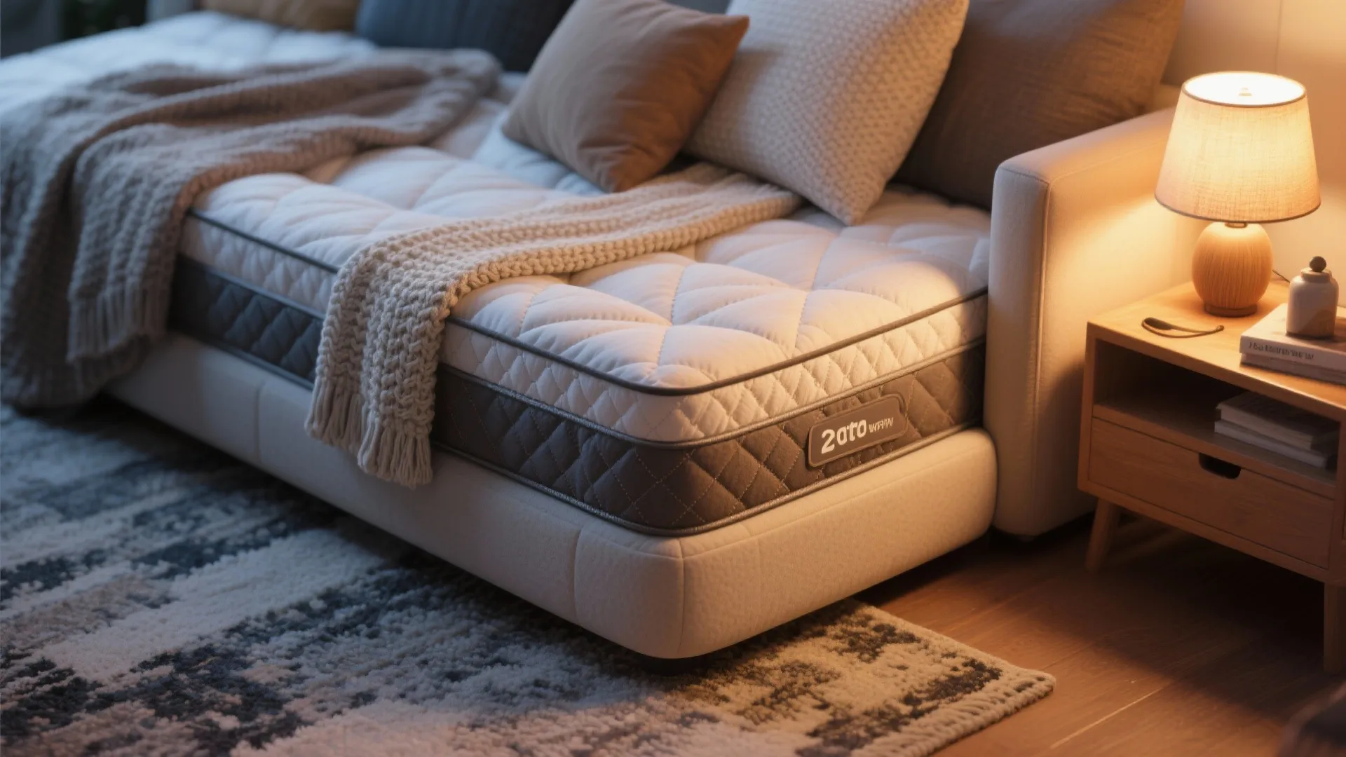 Cozy bed with thick mattress, warm blankets, soft pillows, wooden side table, and table lamp