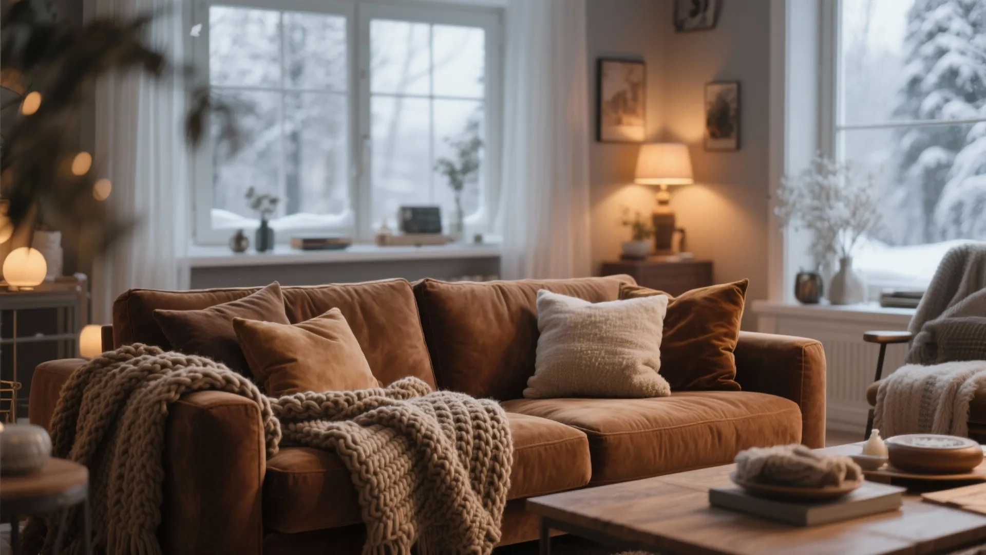 Brown sofa with blankets and velvet cushions
