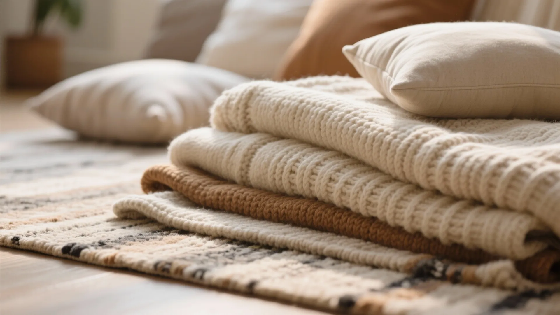 Close up of folded white and brown knitted blankets with soft pillows on patterned rug