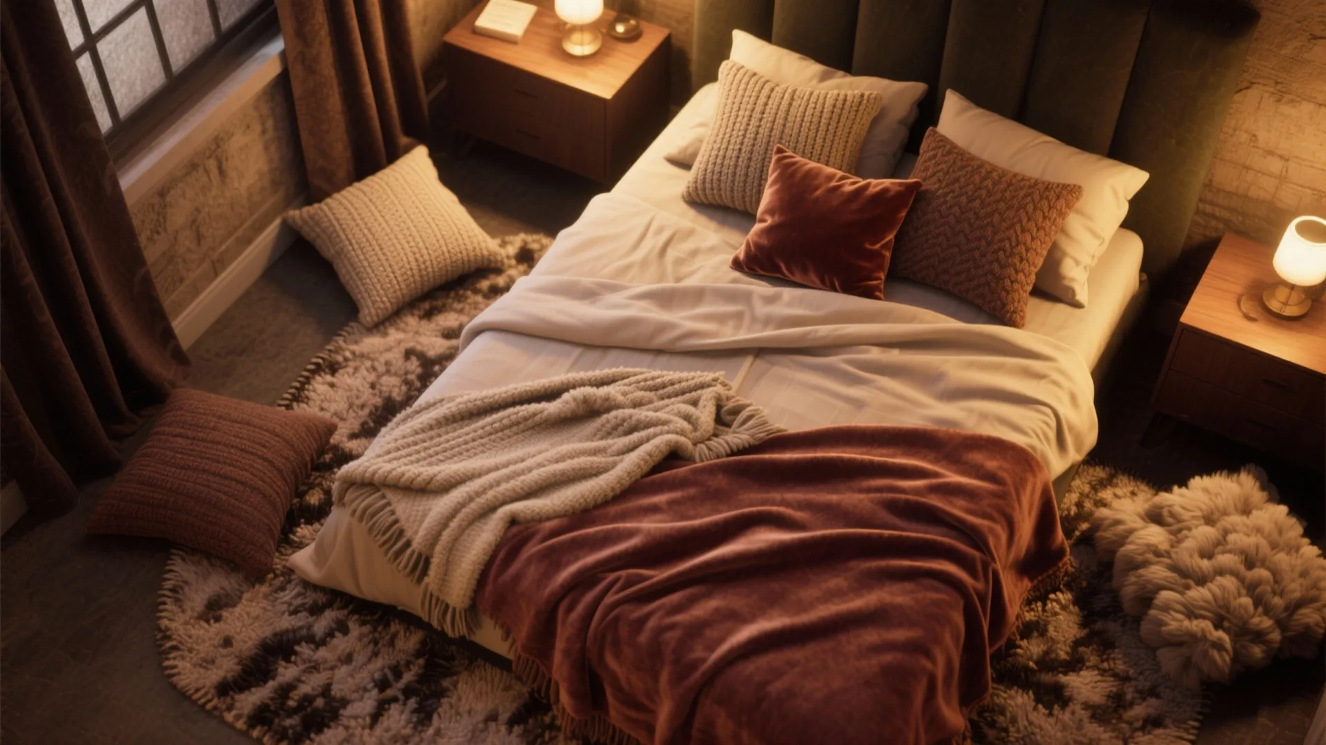 Top view of a cozy bed with brown throw pillows textured blankets and soft warm lighting