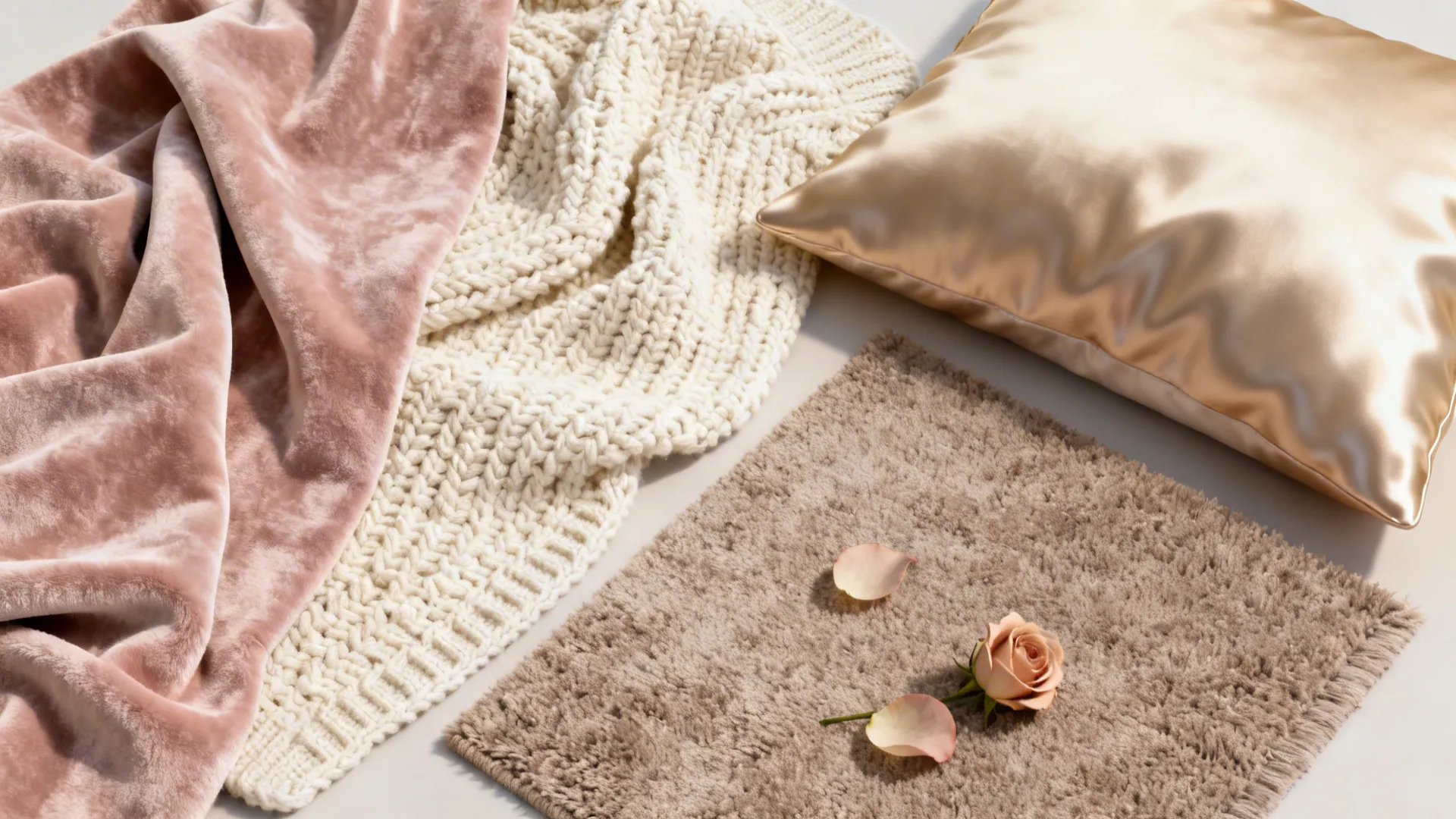 Flat lay of velvet, chenille, satin, and a low-pile rug in blush, cream, and taupe.