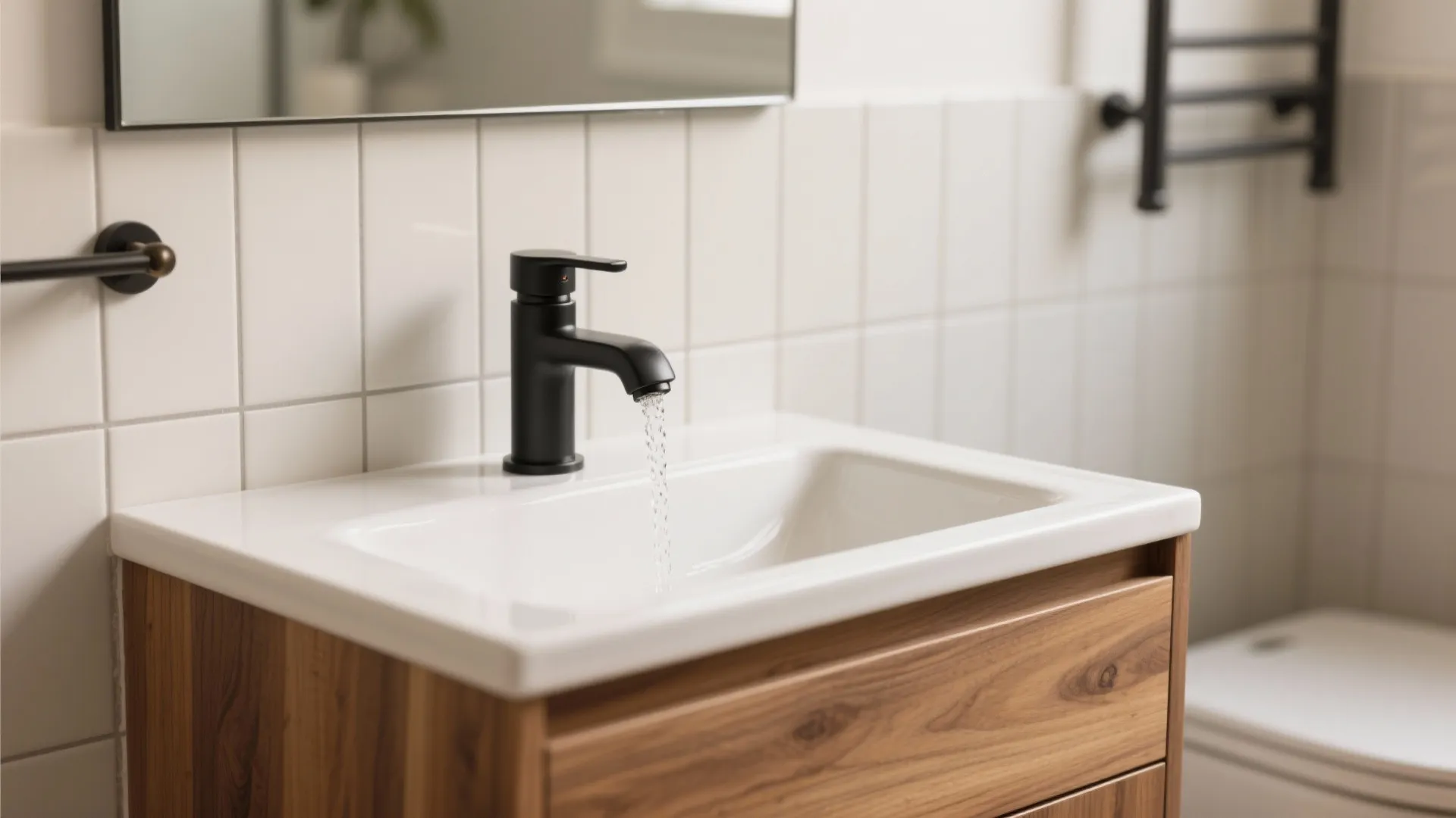 Cozy textures: wood-look accents and matte hardware