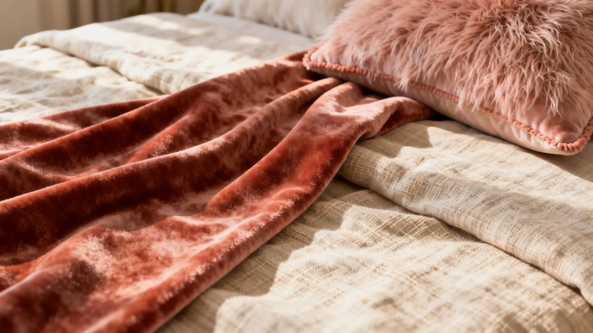 Macro of linen, velvet, and faux-mohair bedding layers in warm tones.