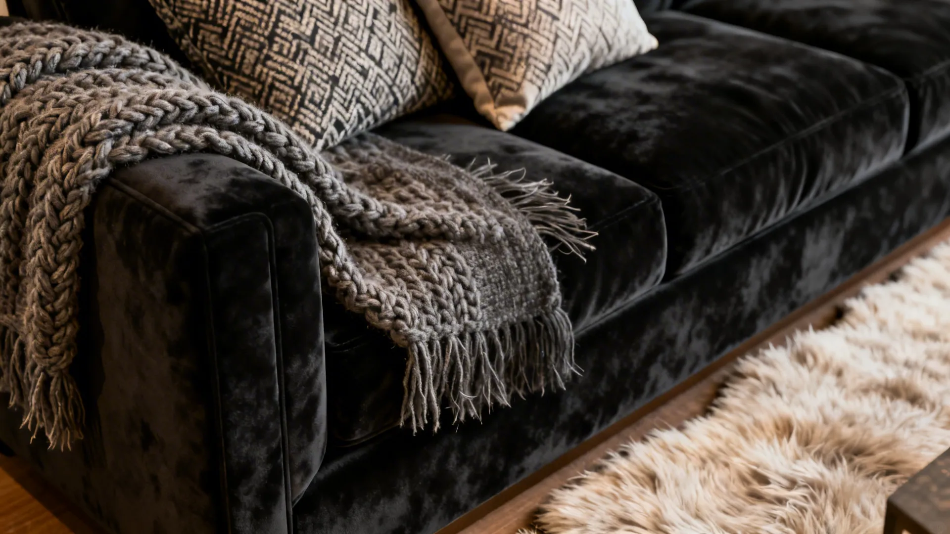 Close-up of black velvet sofa with knit throw and textured cushions