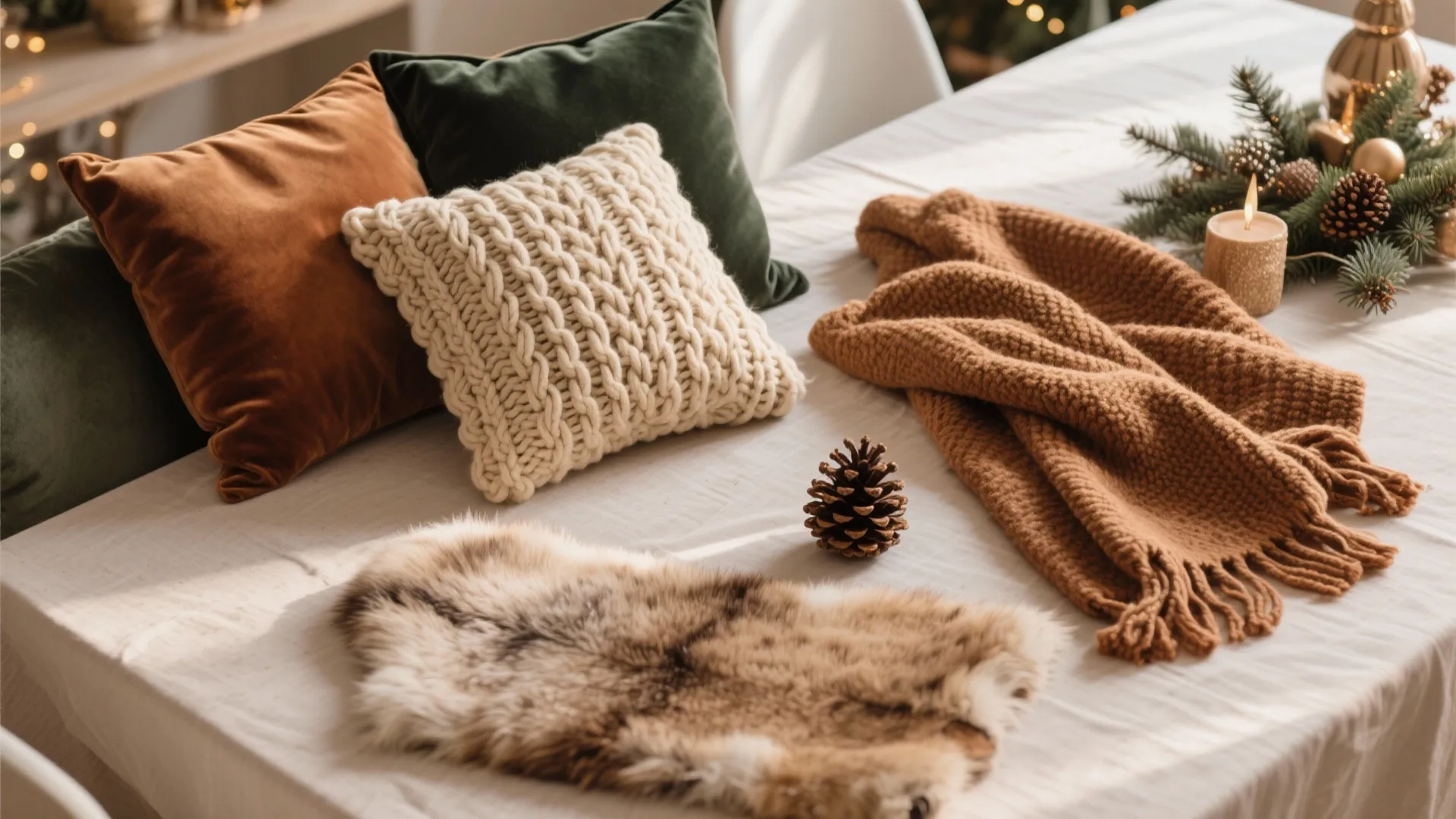 Cozy winter home decor with velvet pillows knitted cushions brown blanket fur rug and pinecones