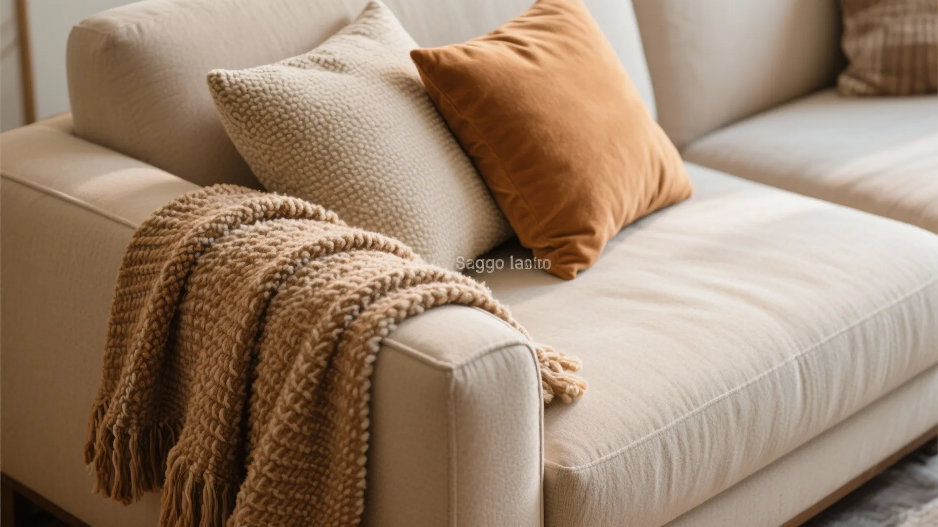 Beige fabric sofa decorated with brown textured pillows and a soft knitted brown throw blanket