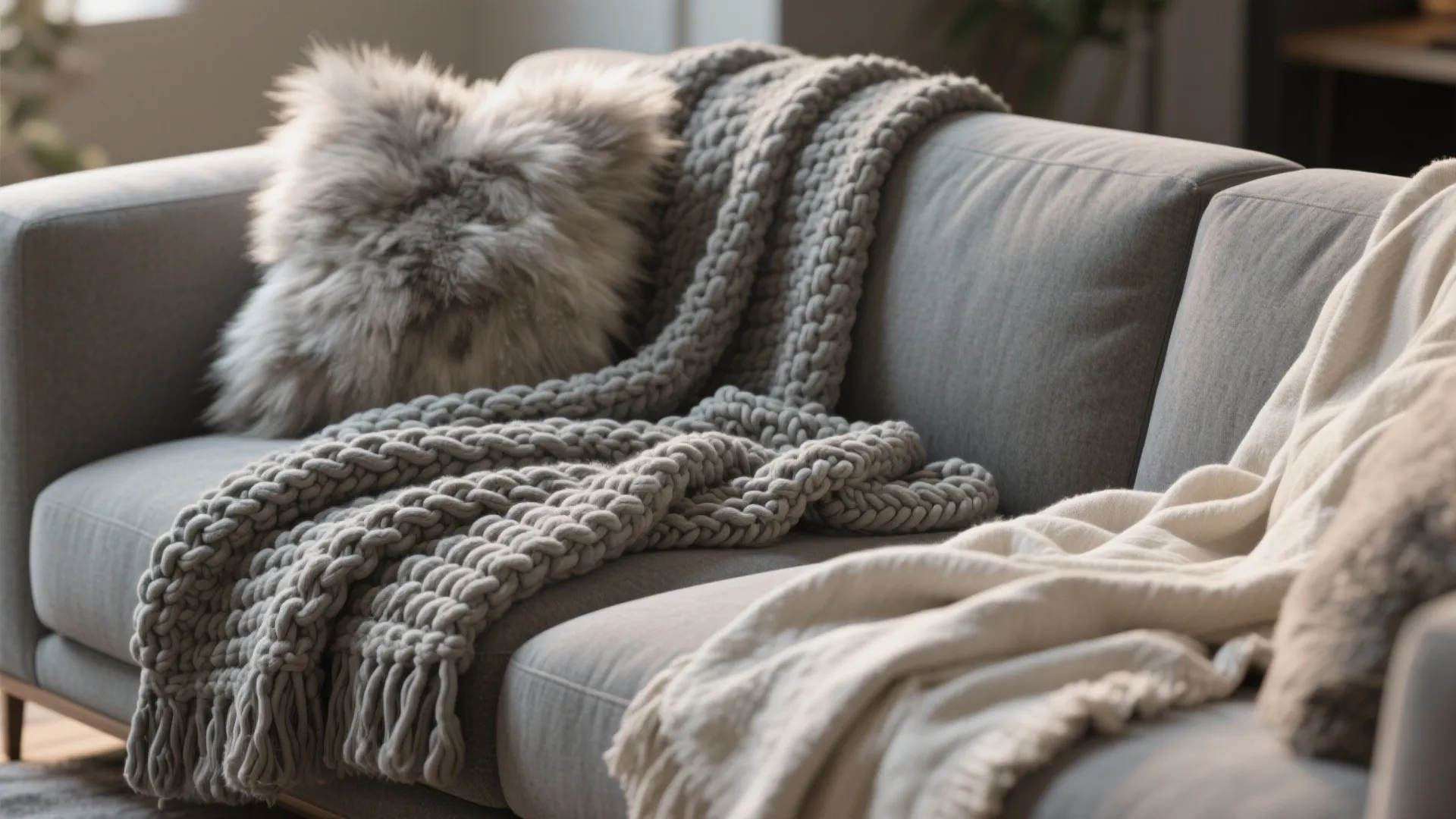 10. Cozy Grey Sofa with Layered Throws