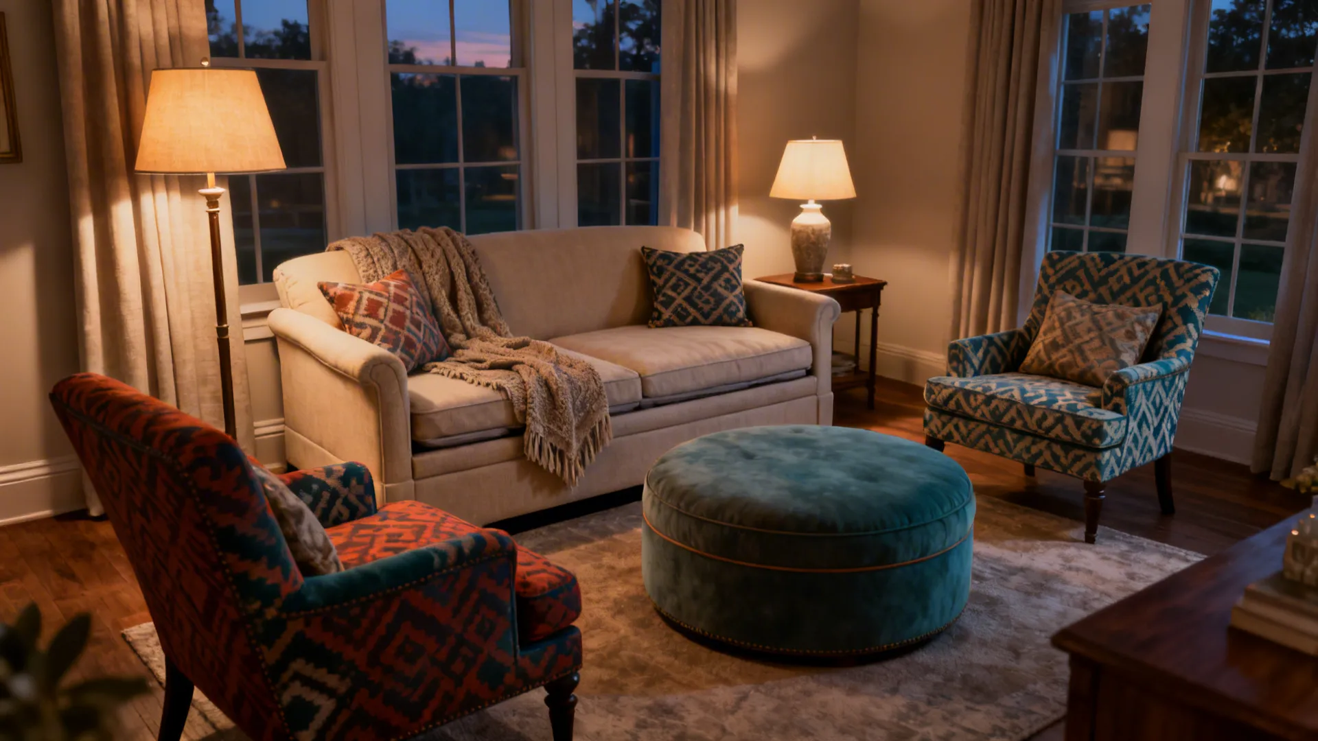 Transitional living room with a traditional sleeper sofa, two accent chairs and a round ottoman.