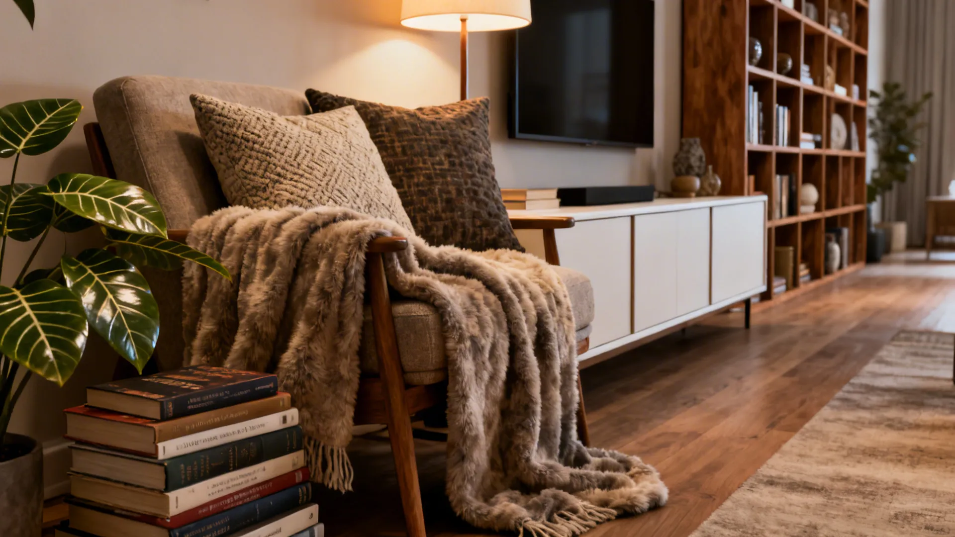 Close-up cozy vignette with textiles, plant and books showing how to soften a long living room.