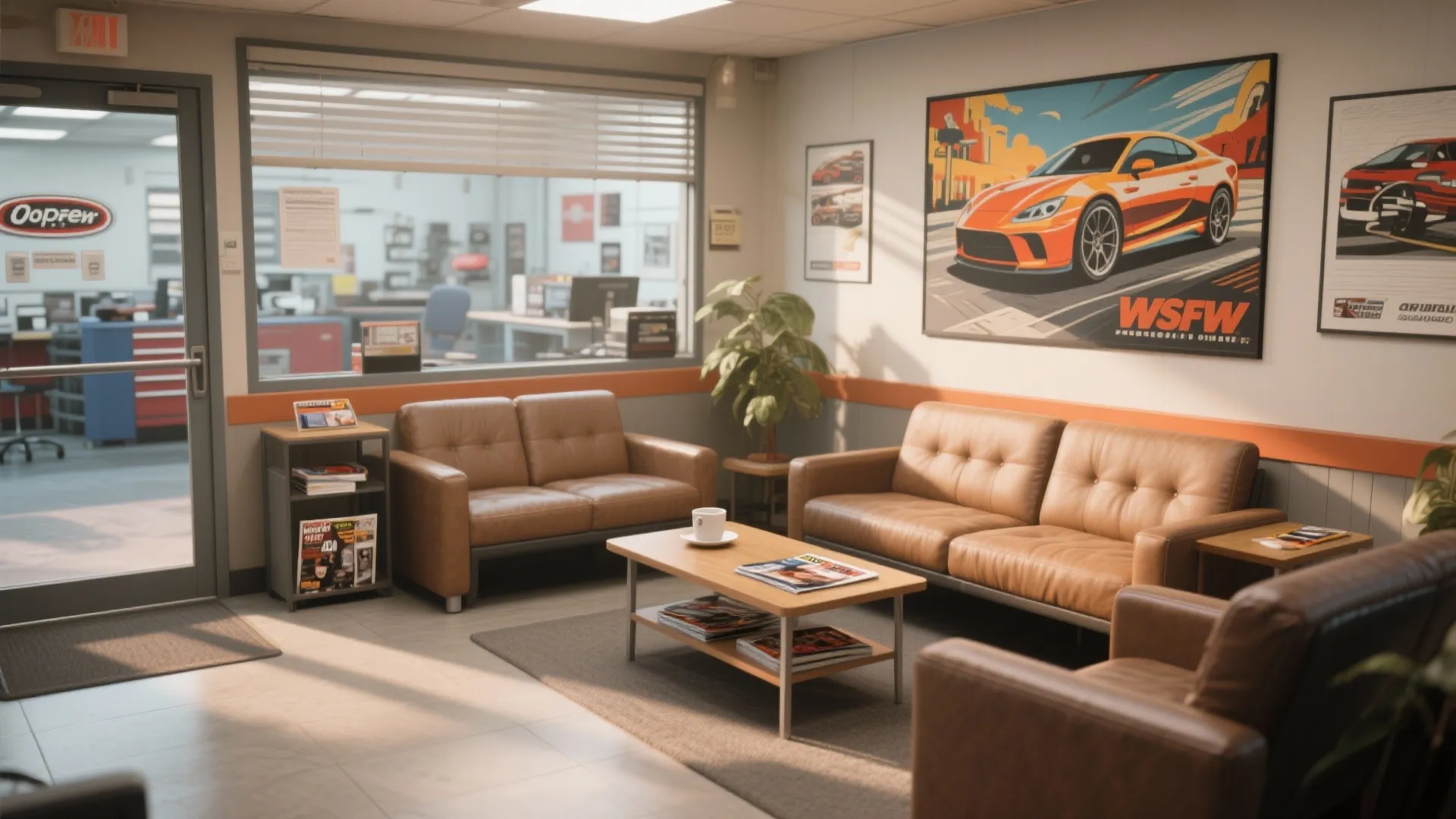 Cozy waiting area with sofas and wall art in auto repair shop