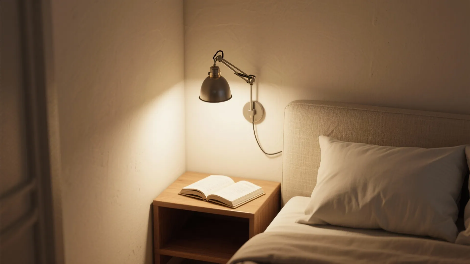Adjustable grey wall light shining on an open book placed on a wooden nightstand beside bed