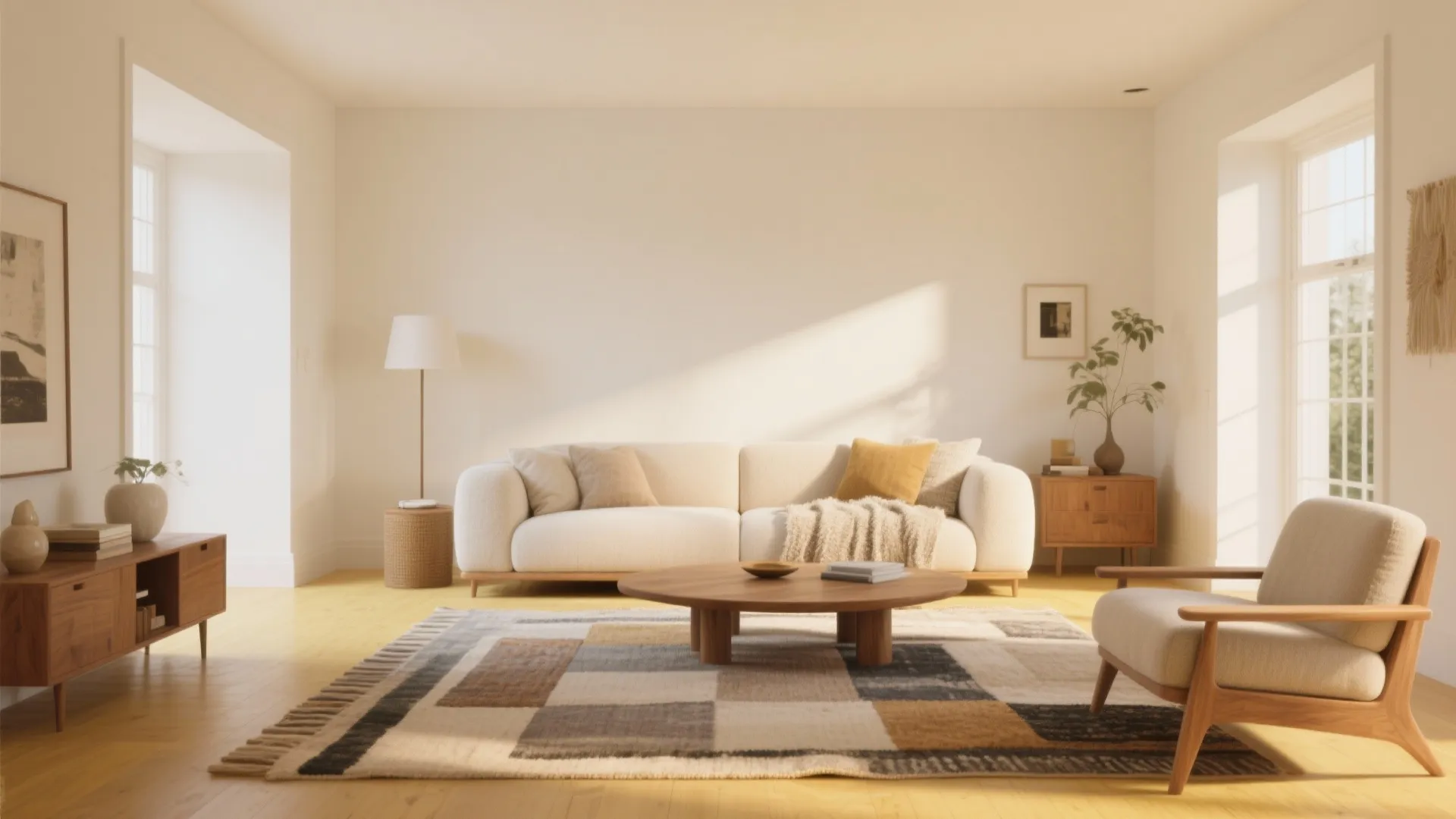Cozy living room with warm white walls wooden furniture colorful rug and a comfortable fabric armchair