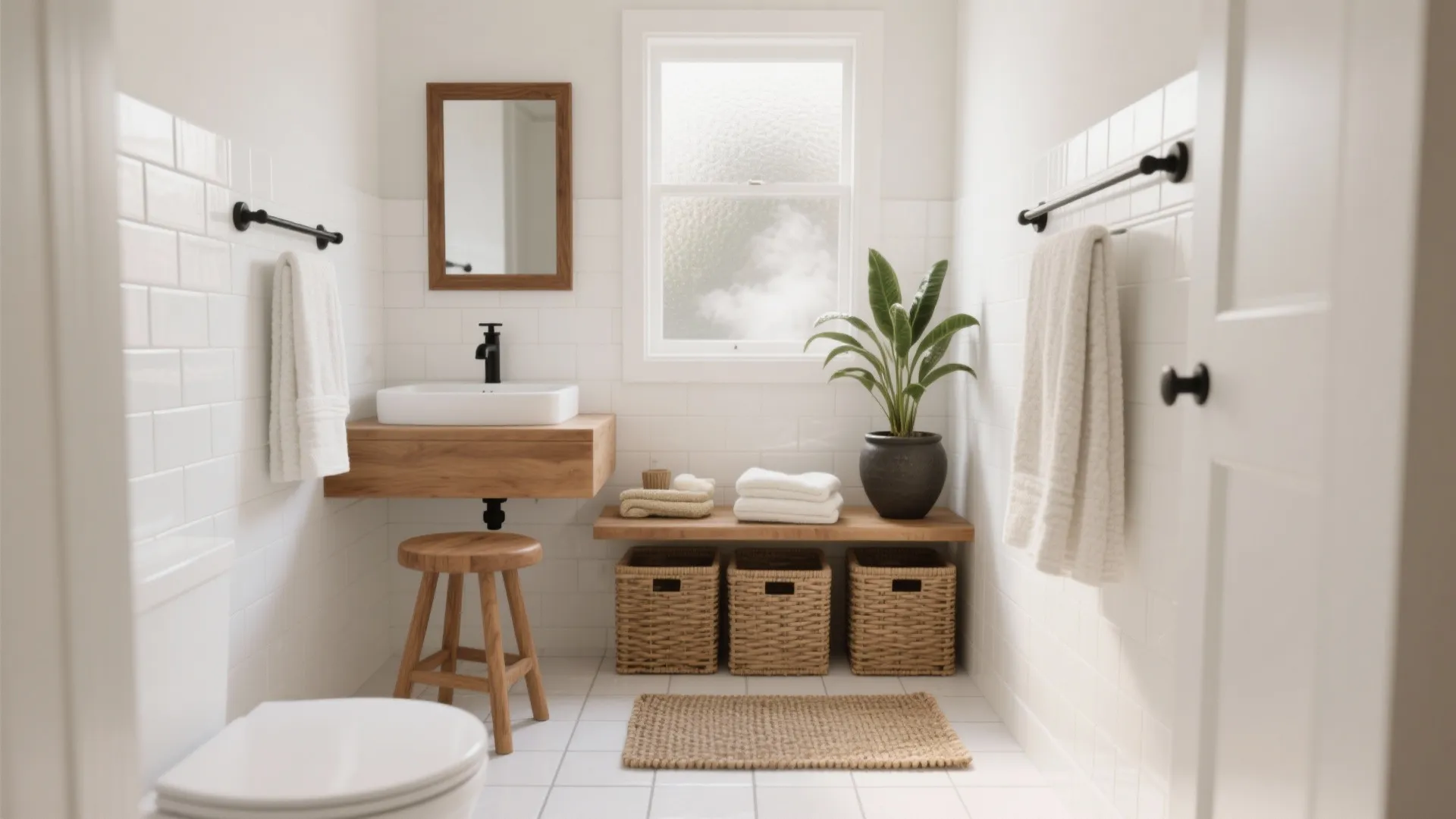 Bright white bathroom with a wood cabinet sink wooden stool green plant and storage baskets