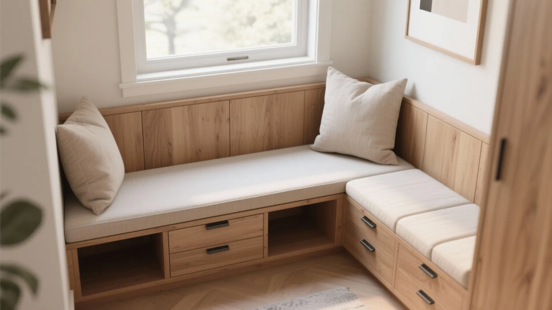 Bay window with a built-in bench featuring a thin cushion, tall pillows and shallow under-seat storage.