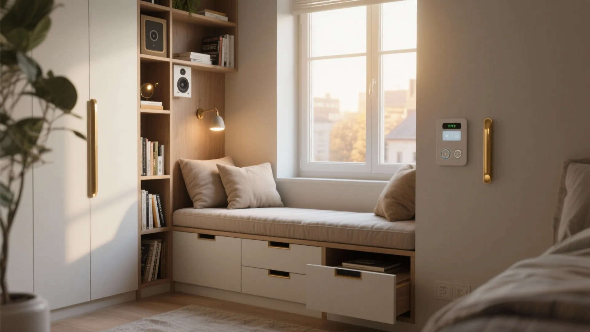 Built in window seat with beige cushions storage drawers wooden bookshelves wall light and sun