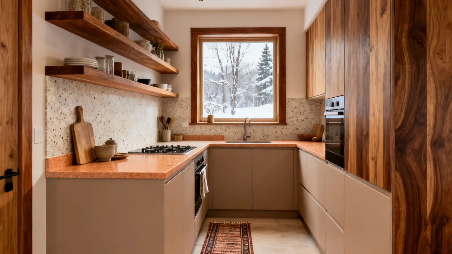 Small kitchen with oak accents and pale stone countertops in soft daylight