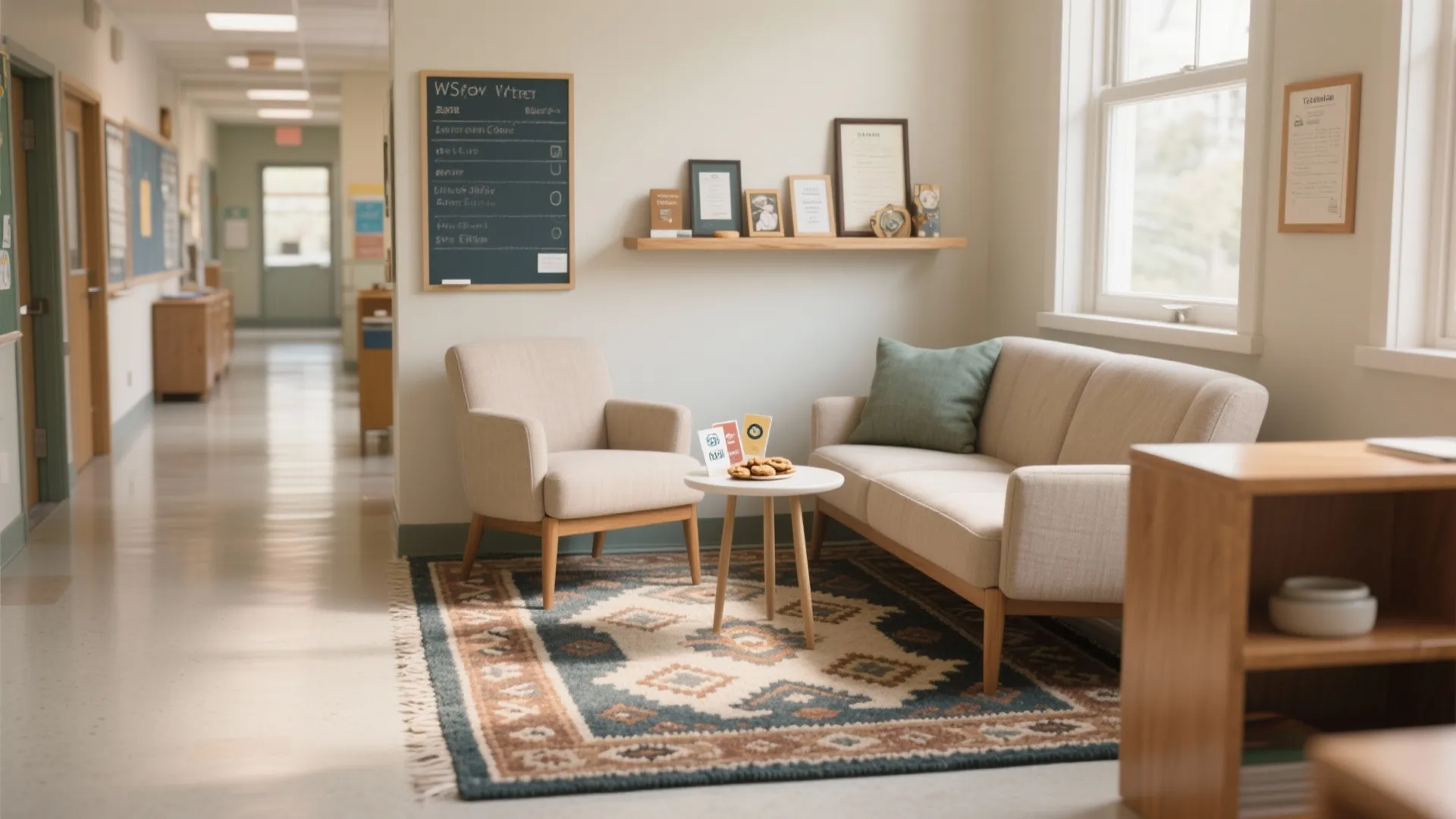 3) Cozy Conversation Zone (seating, a rug, and a tribute shelf)