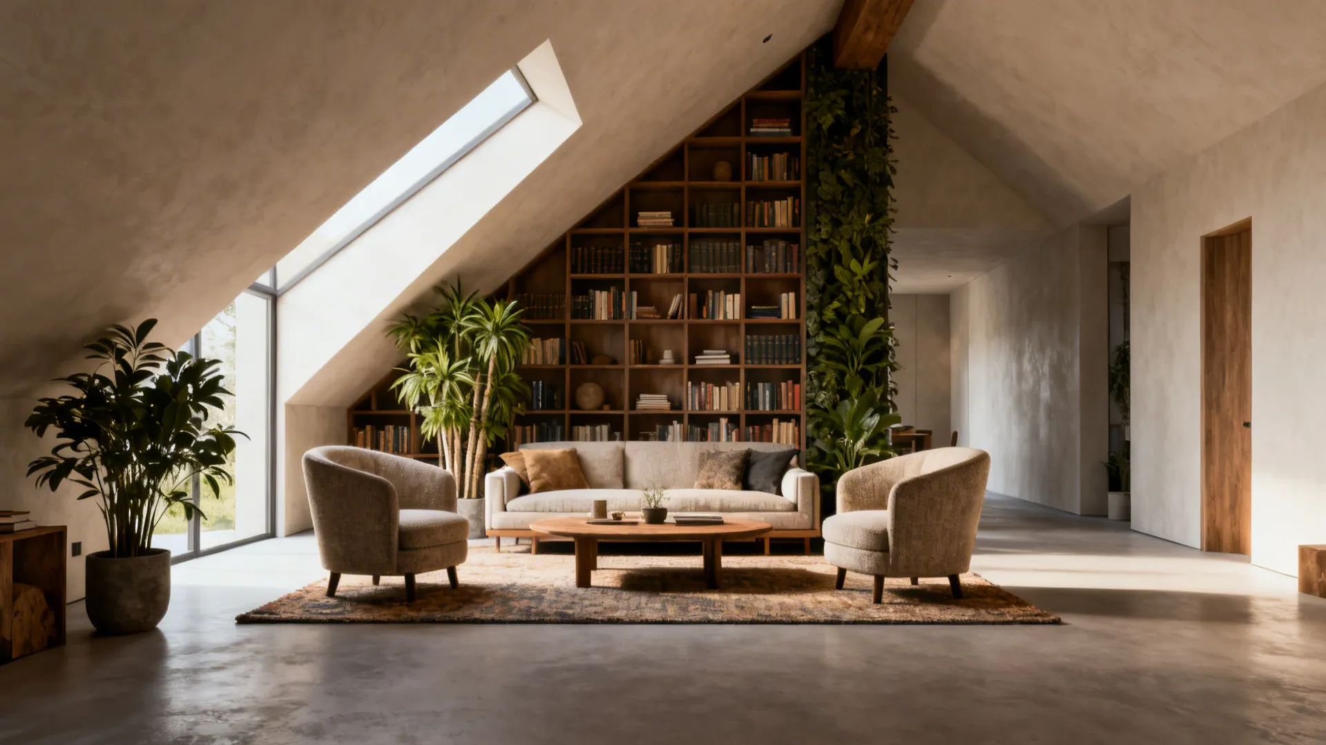 Modern attic living room featuring sloped ceiling with skylight large bookshelf sofa and two chairs