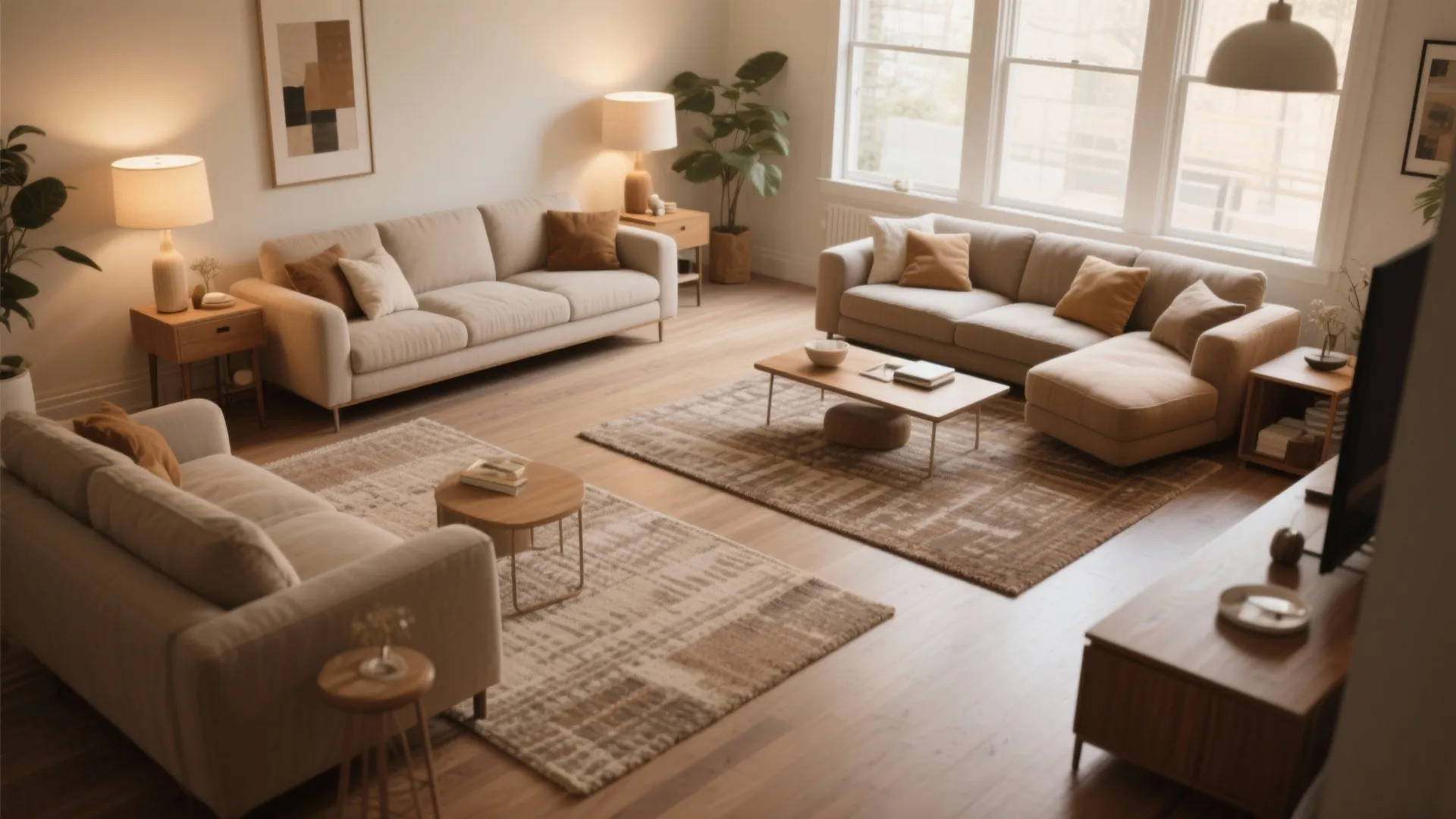 Warm living room with three beige sofas two patterned rugs wooden tables and soft lamp light