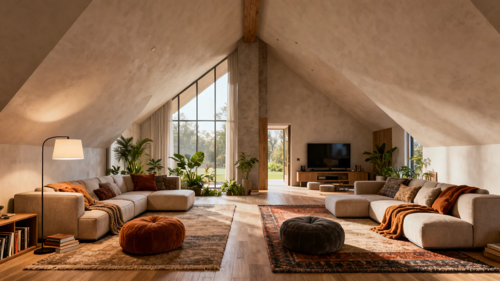Two cozy seating zones with low sofas and layered rugs in a vaulted living room.