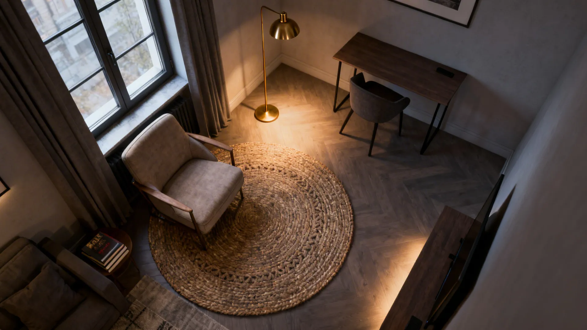 Top-down plan view of a small farmhouse living room with distinct cozy zones and layered lighting