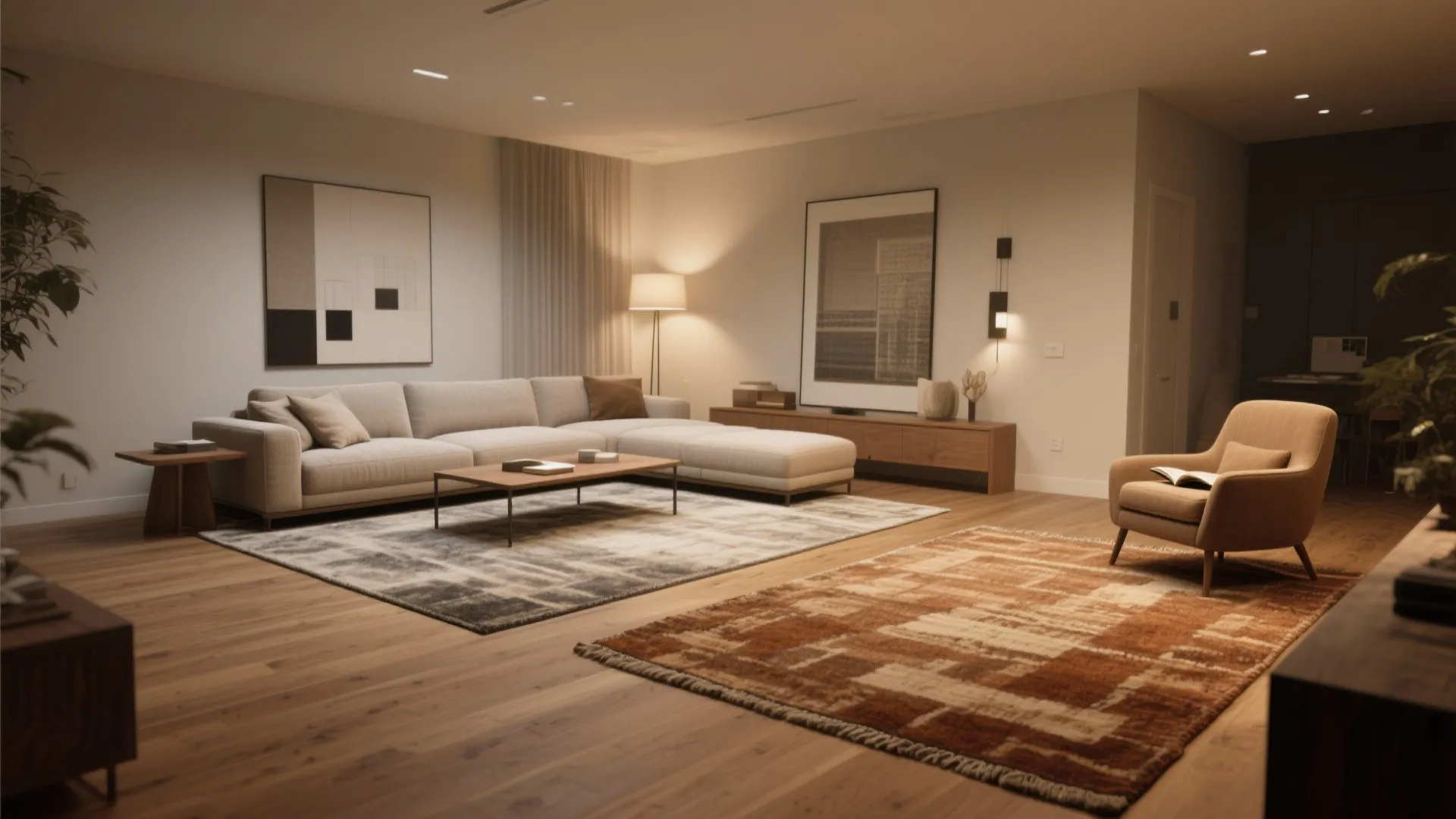 Spacious living room featuring two large patterned rugs on wood floor with sofa and armchair