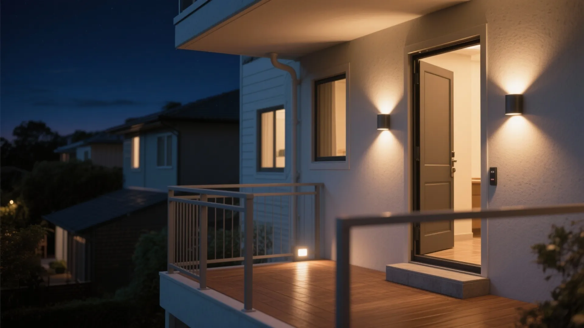 Modern balcony at night with warm wall lights illuminating an open door and wooden floor
