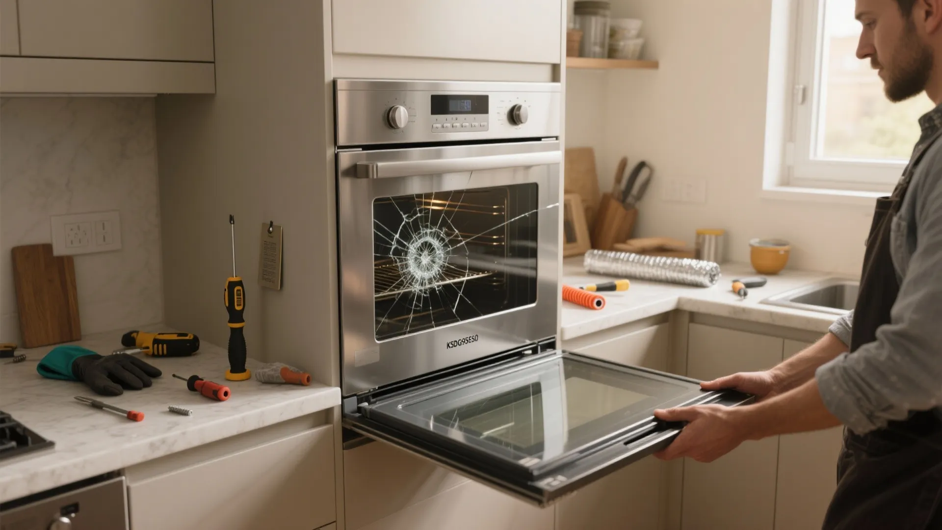 Man opening a kitchen oven with a badly cracked glass door and tools on counter