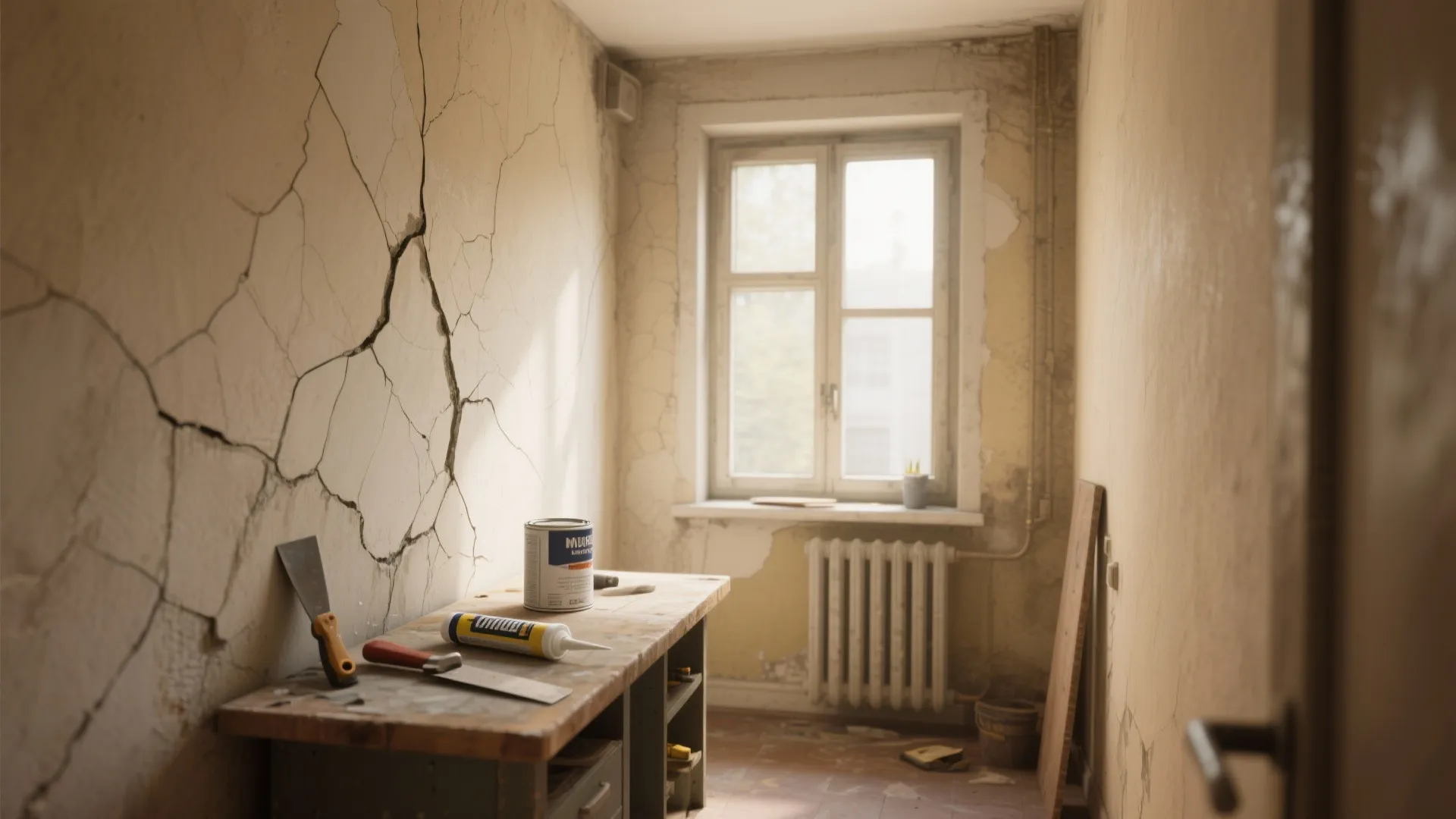 Damaged wall with deep cracks and peeling paint next to repair tools on wooden workbench