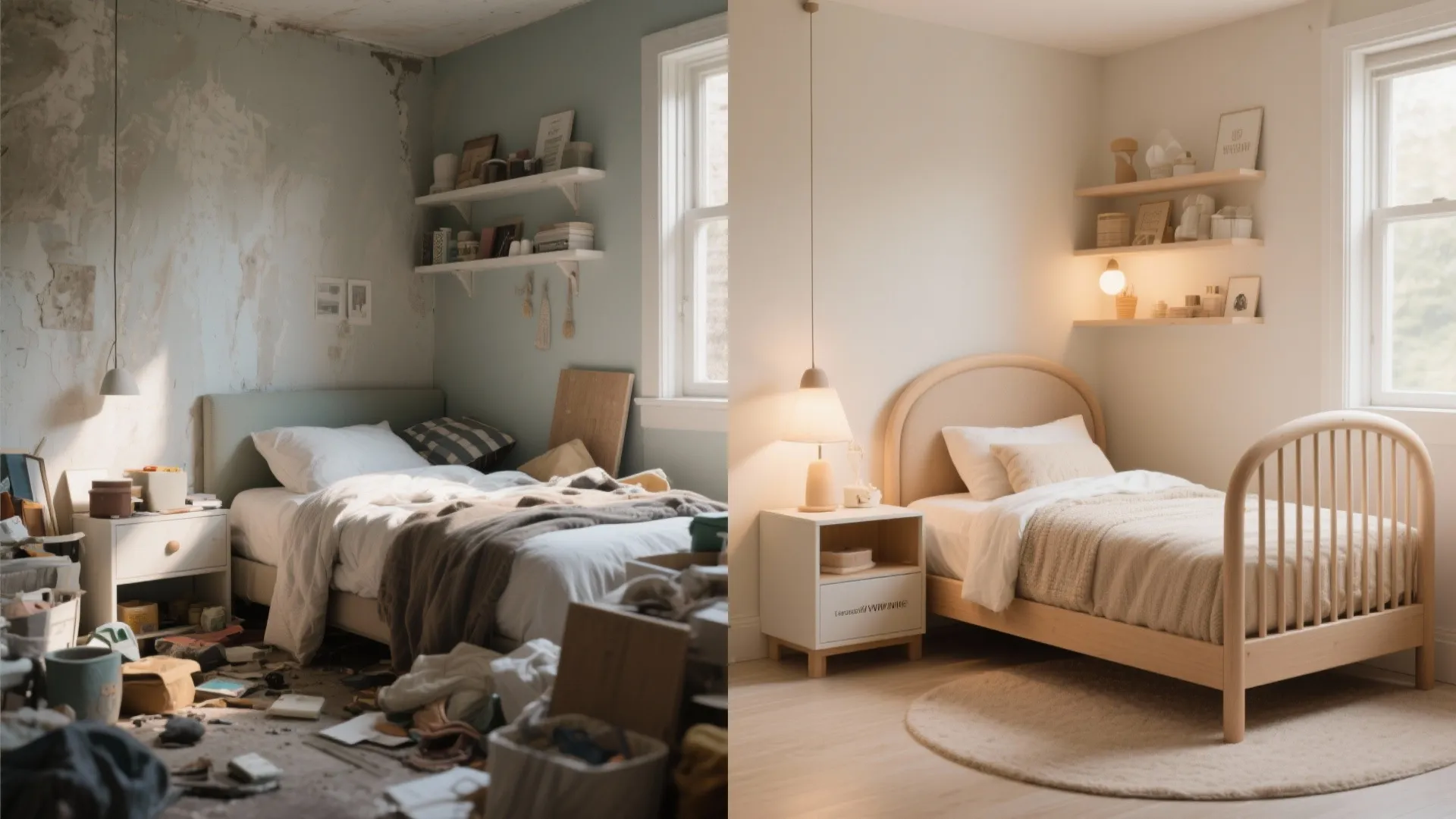 Before and after comparison of a messy bedroom versus a clean organized modern bedroom design
