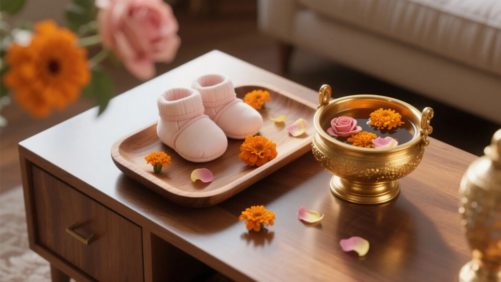 Pink baby shoes on a wooden tray next to a gold bowl with floating orange flowers