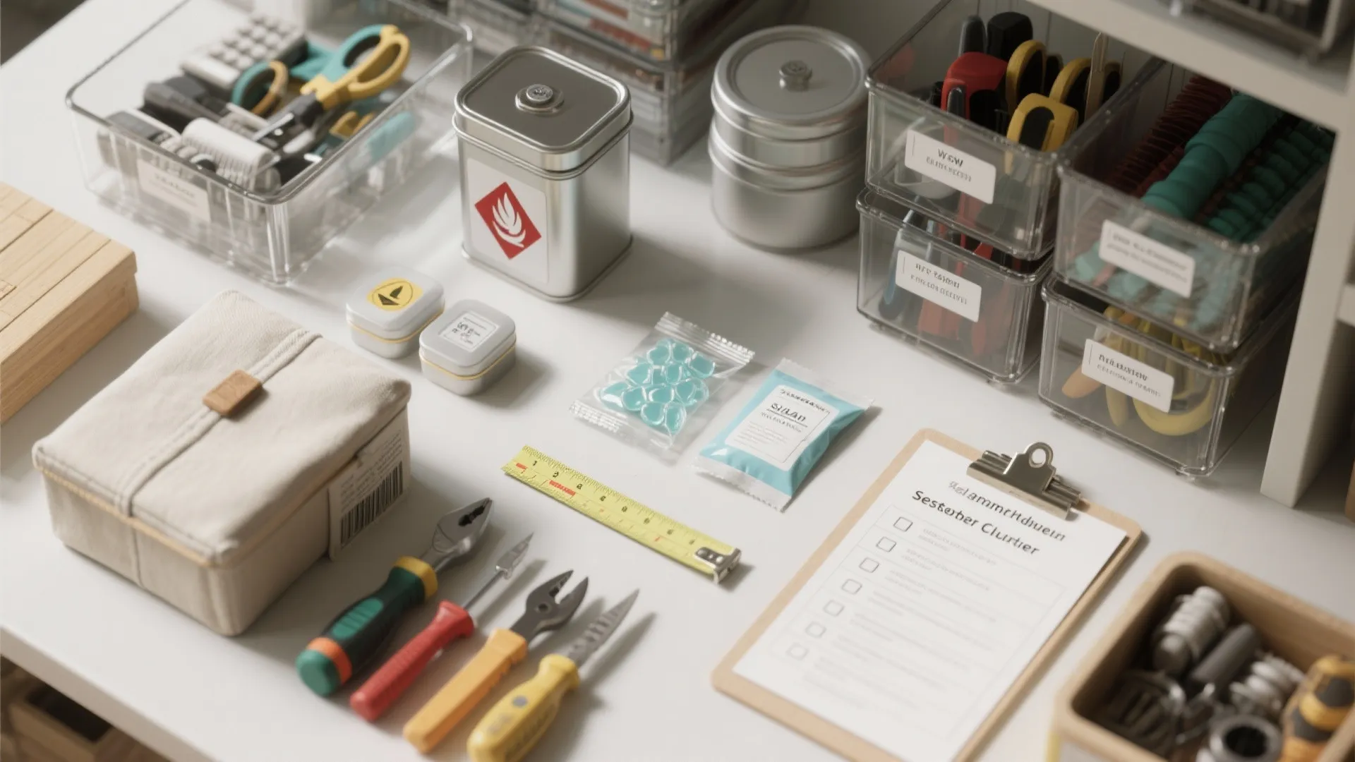 Table with organized tools and storage boxes including metal cans yellow ruler and white paper