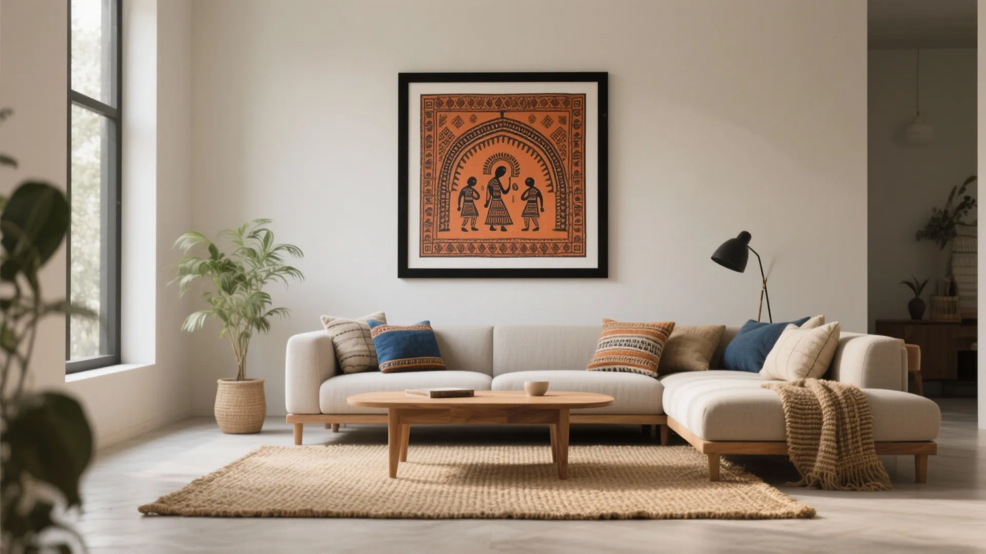 Craft-forward modern: Indian art, jute, and clean lines