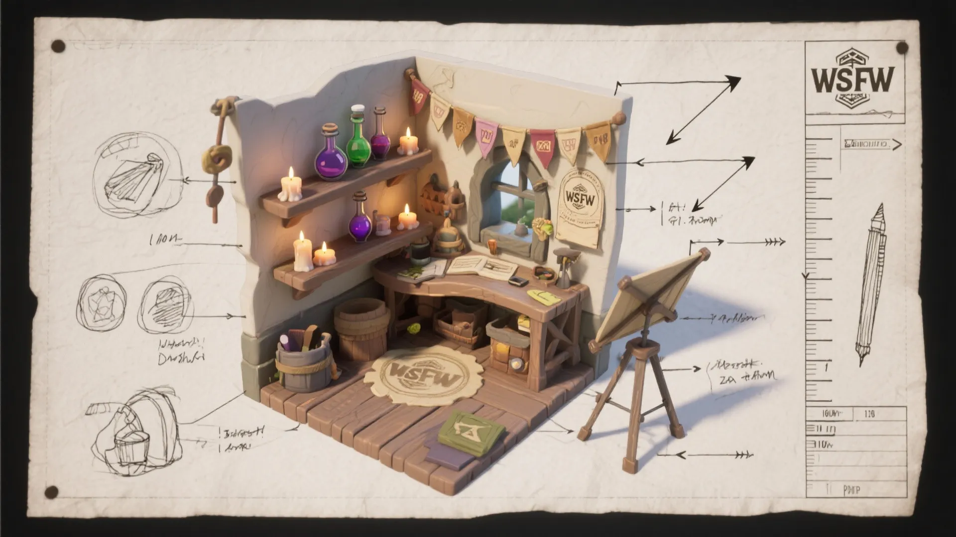 Interior design drawing of a craft room featuring wooden desk, wall shelves, and candle lighting