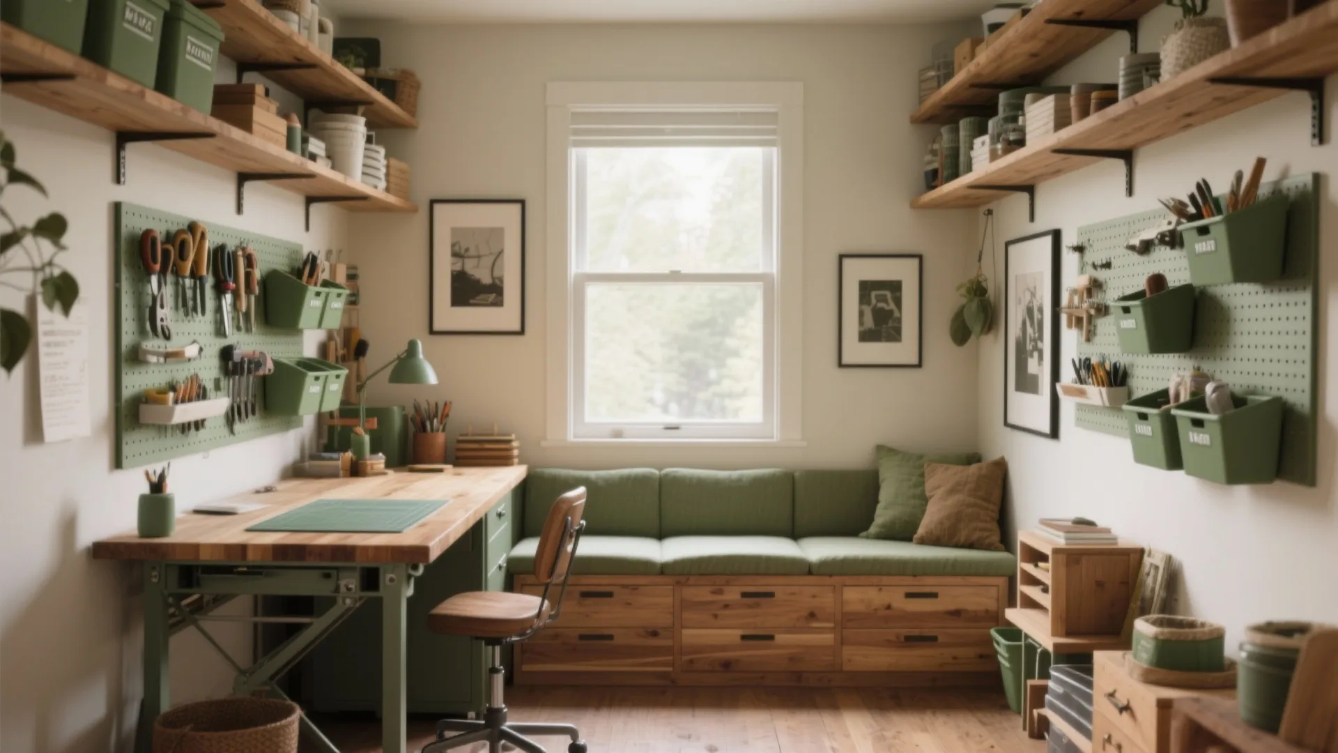 Organized craft room with wooden desk green wall panels storage shelves and a green sofa