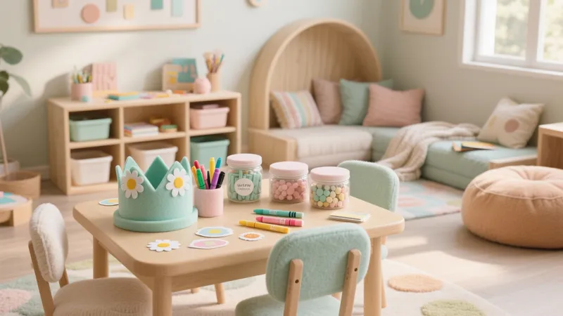 Soft Pastel Children’s Playroom with Natural Wood Accents
