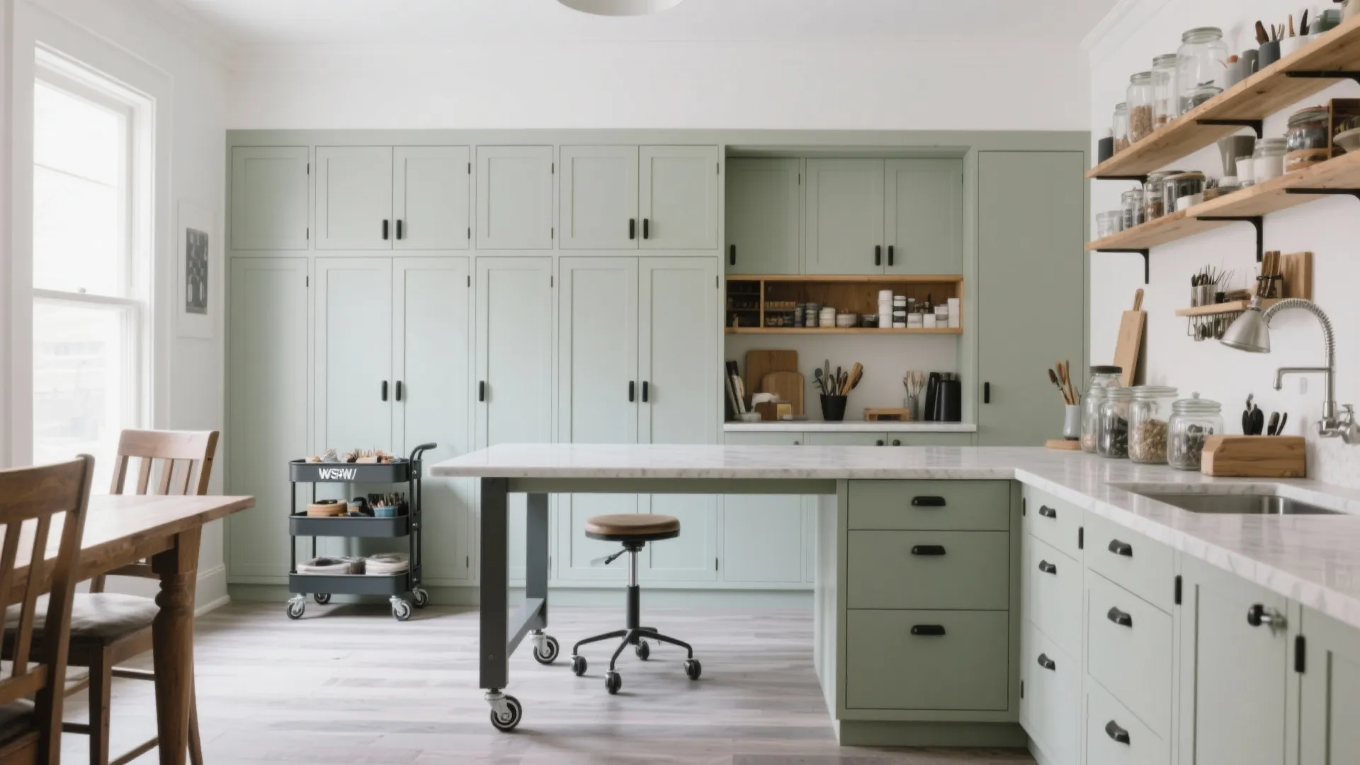 Spacious craft studio featuring sage green wall cabinets white marble island wooden shelves and stool