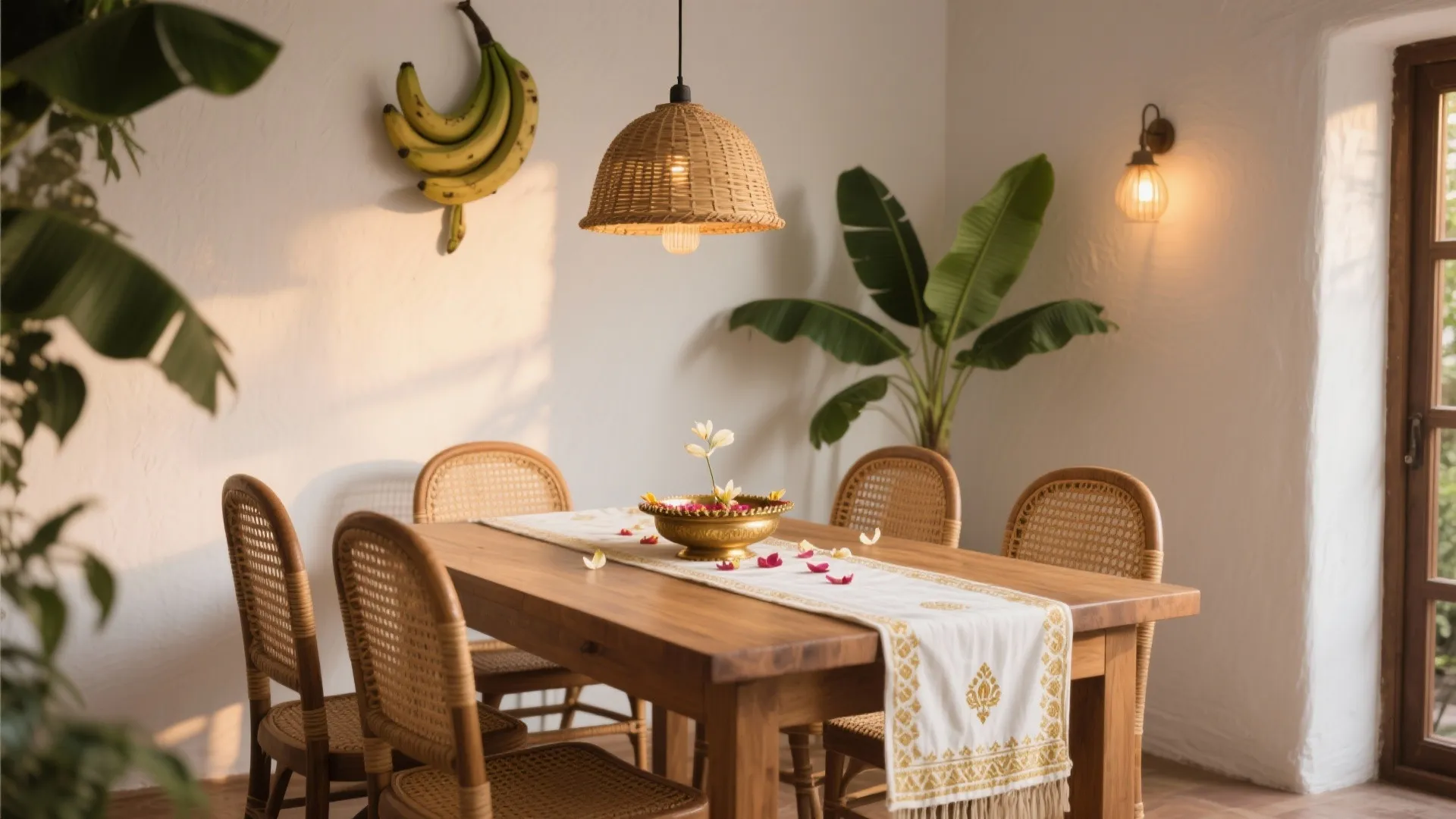 Wooden dining table with woven chairs under a wicker ceiling light and green indoor plants