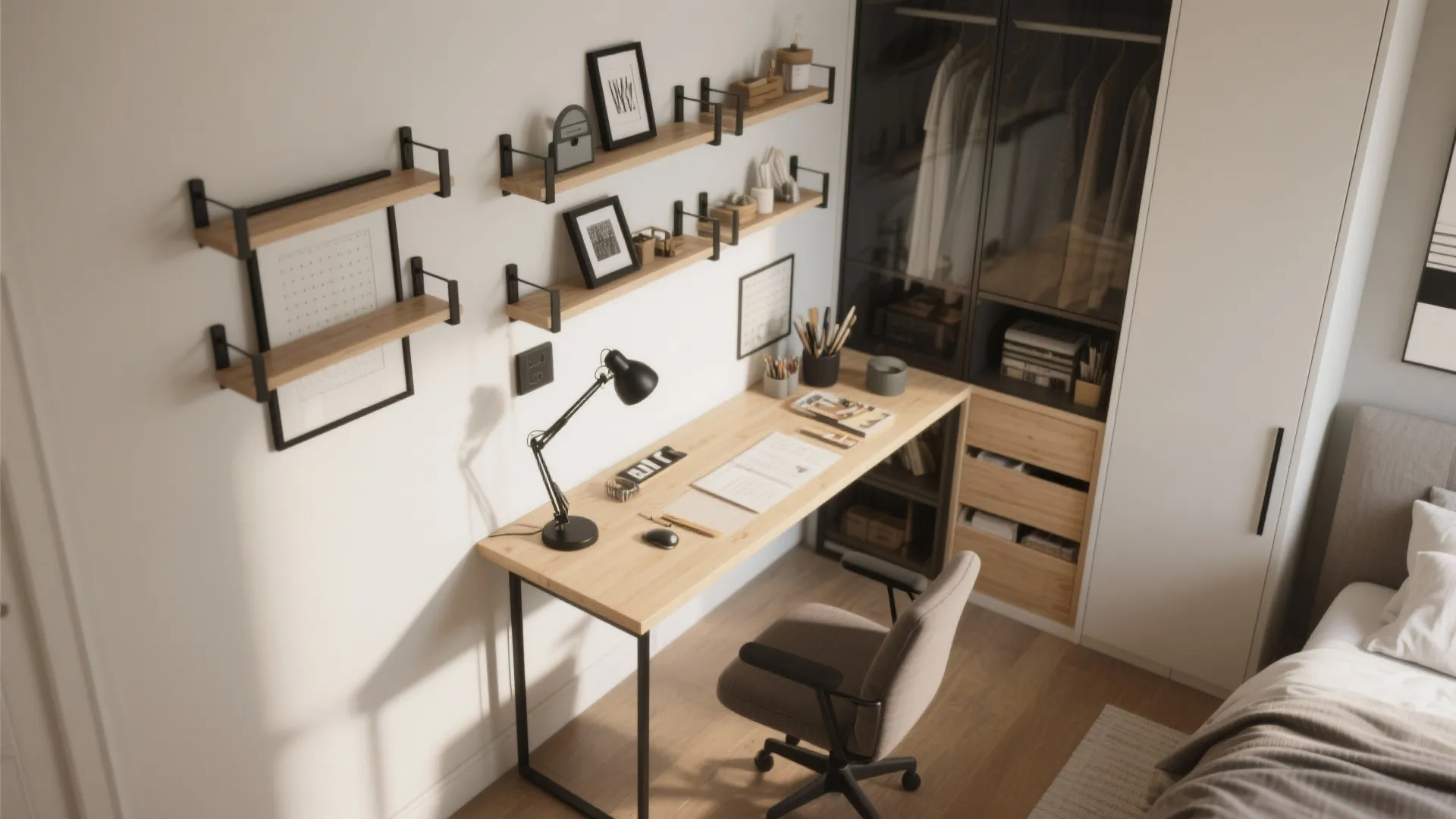 5. Compact crafting desk and display shelves