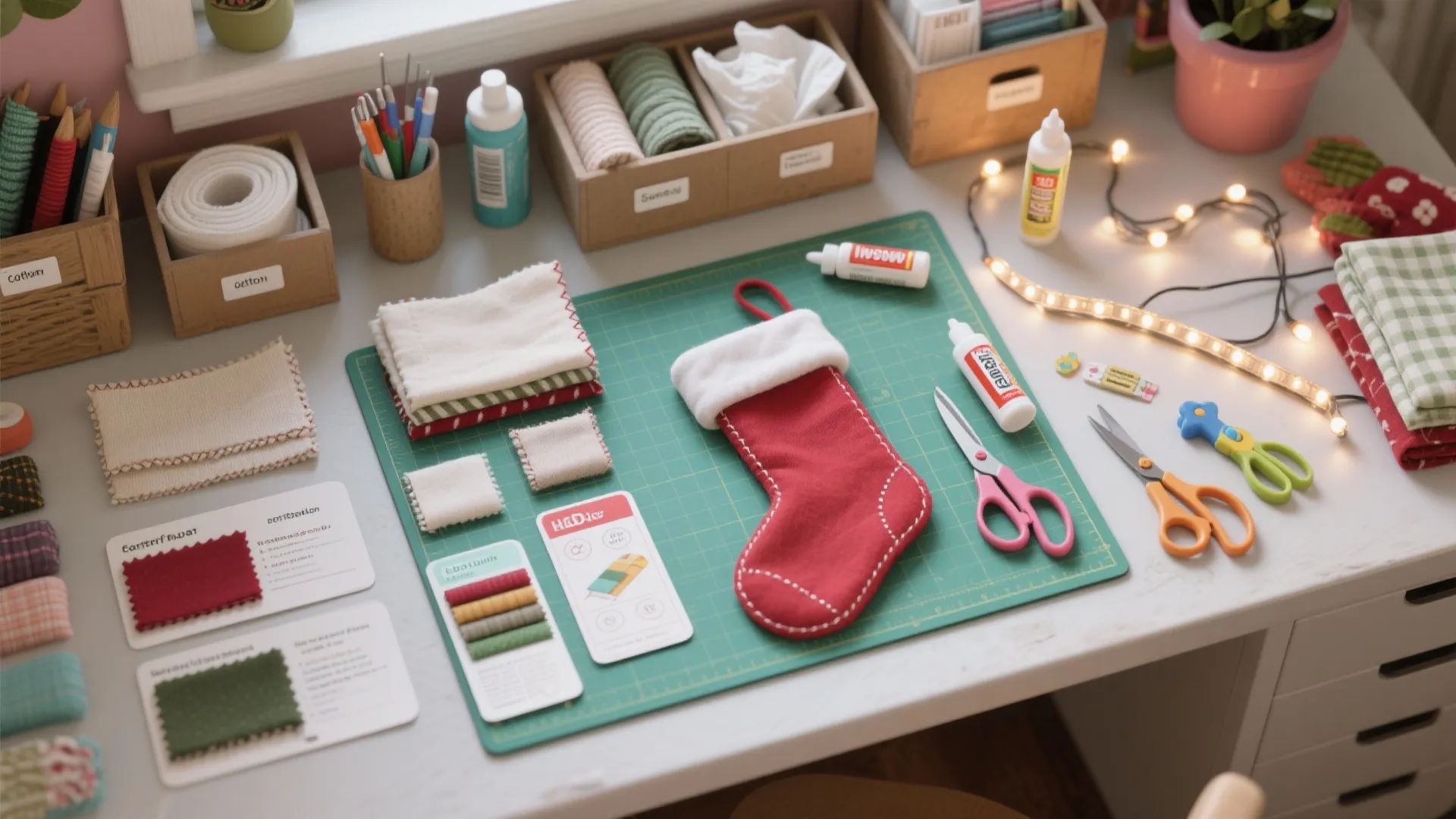 Top-down craft workspace with labeled materials, safe glue alternatives, and storage tips for decorated stockings.